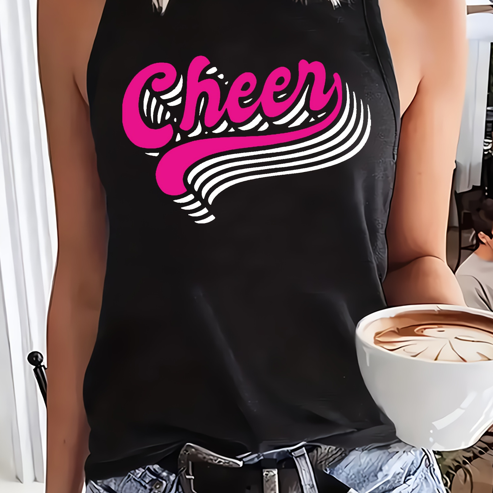 

Women's Sleeveless Cheer Tank Top - Casual Polyester Knit Fabric, Geometric Pattern, Medium Stretch, Round Neck, All-season Comfort