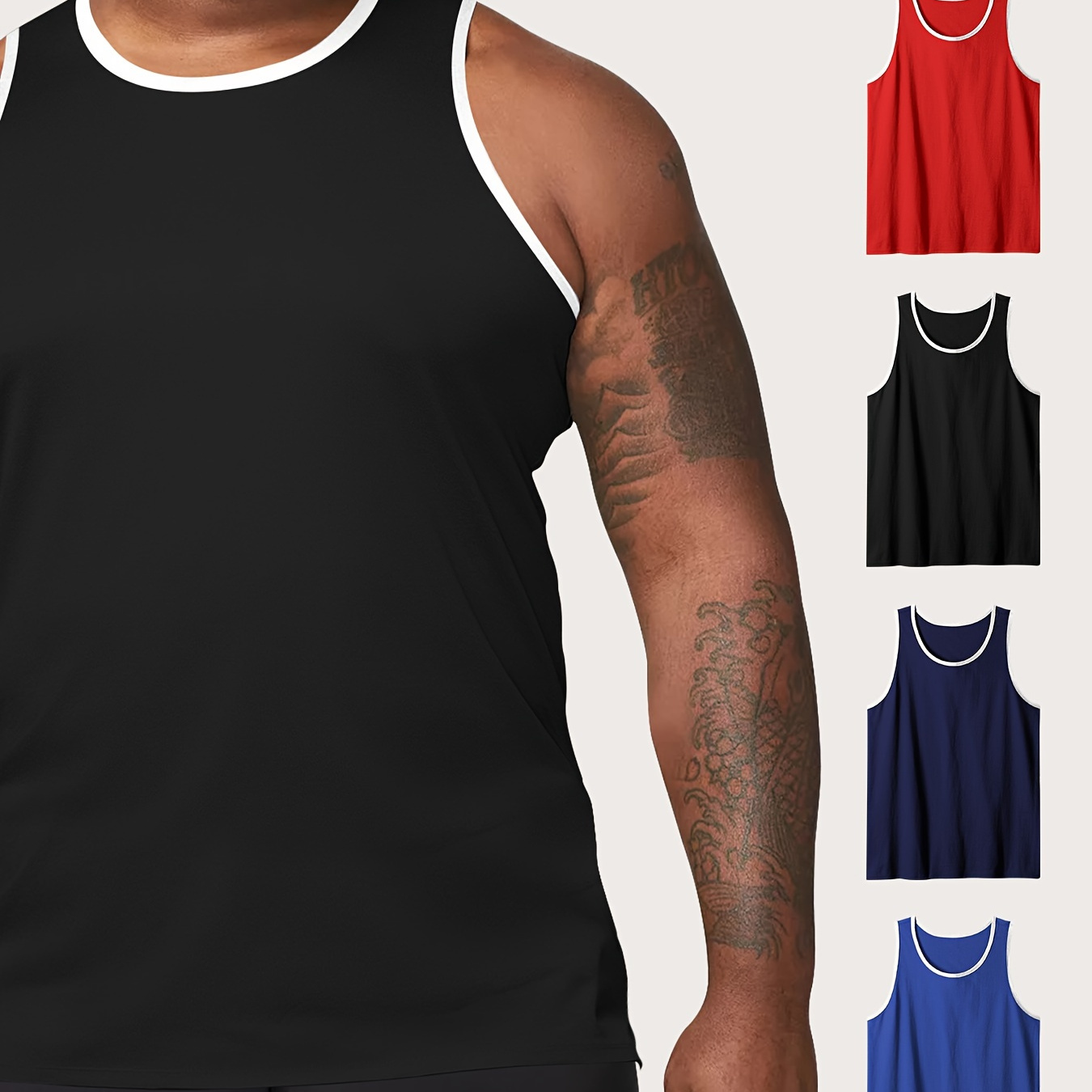 

4-pack Men's Plus Size Crew Neck Tank Tops - Polyester 100%, Knit Fabric With Slight Stretch, Solid & Casual Sleeveless Shirts