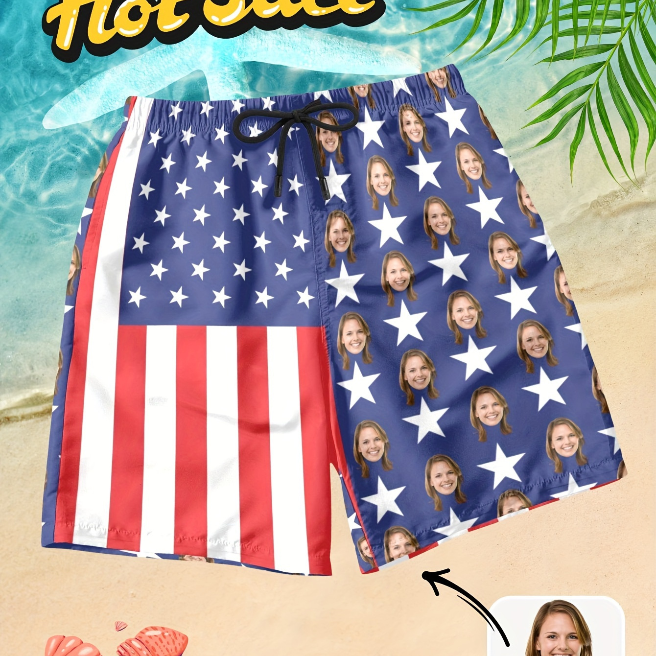 

Customized Portrait Photo Print And American Flag Pattern Shorts With Drawstring And Pockets, Men's Independence Day Theme Board Shorts For Summer Beach And Holiday Wear, Shorts As Gifts