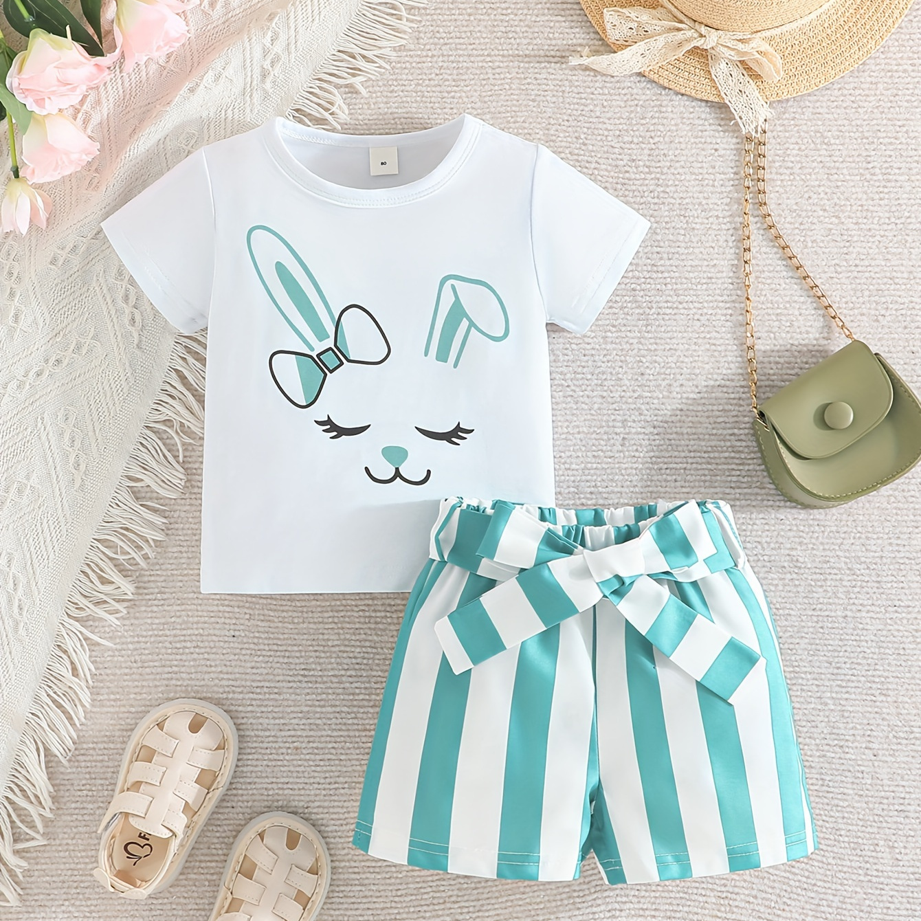 

Baby's Cartoon Bunny Print 2pcs Casual Summer Outfit, T-shirt & Vertical Stripe Pattern Shorts Set, Toddler & Infant Girl's Clothes