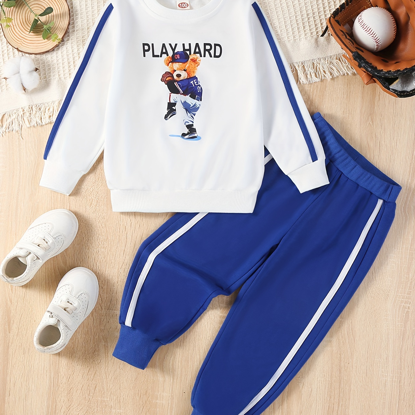 

Boys Play Hard Bear Print Long Sleeve Sweatshirt & Elastic Waist Long Pants 2pcs Casual Kids Clothes For Spring And Autumn