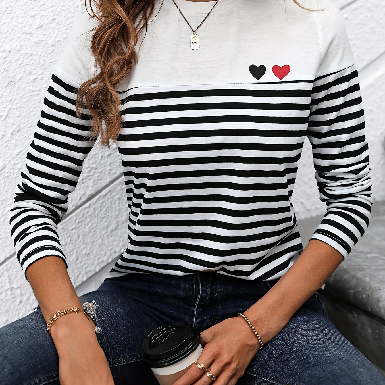 

Heart & Striped Print Color Block T-shirt, Crew Neck Long Sleeve Top For Spring & Fall, Women's Clothing