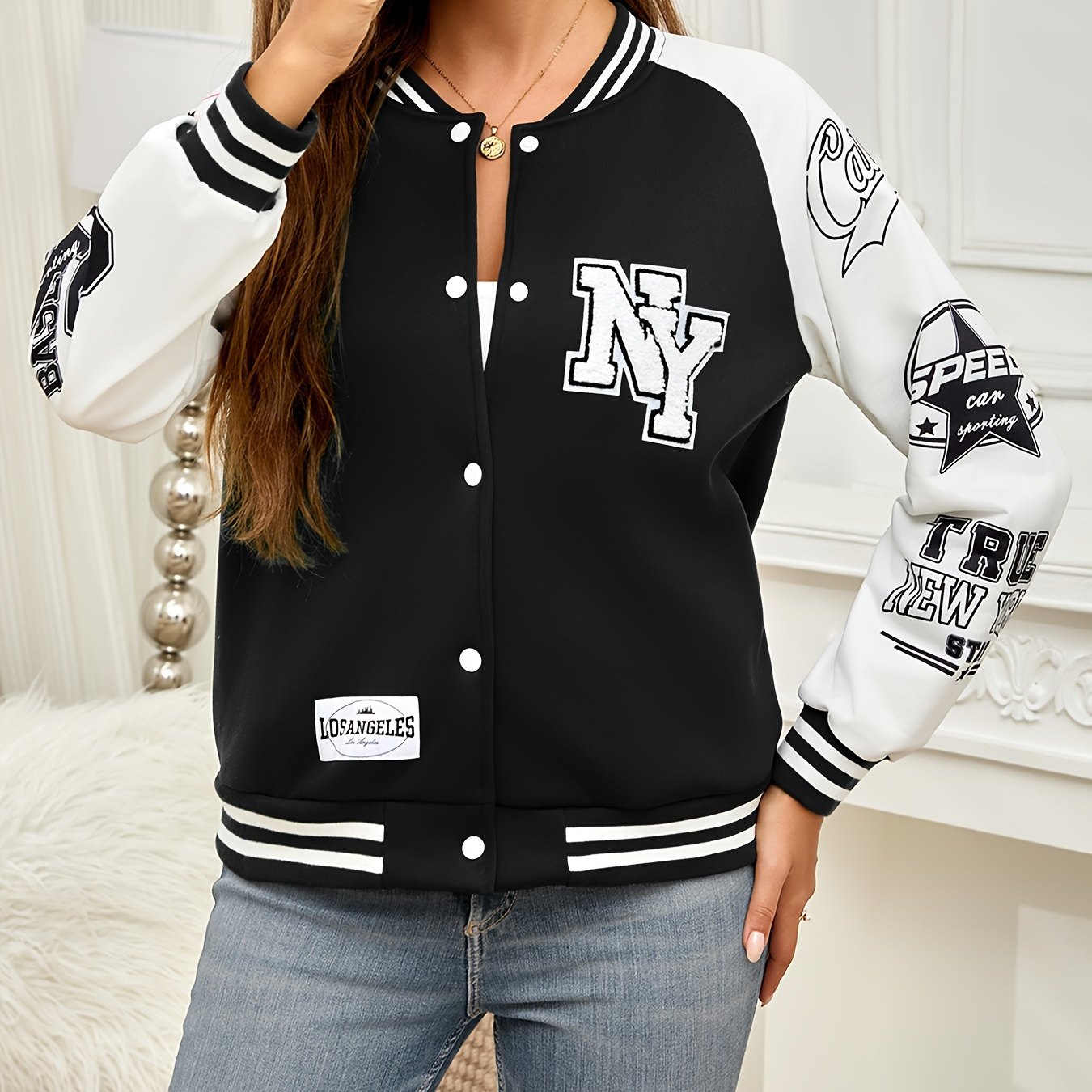 

Letter Print Snap Front Jacket, Casual Long Raglan Sleeve Varsity Jacket For Spring & Fall, Women's Clothing