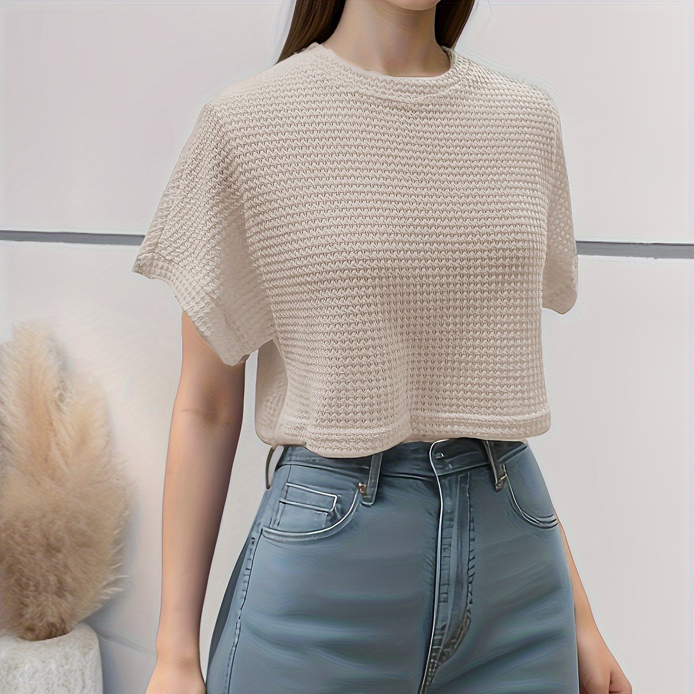 

Waffle Crew Neck Nlouse, Elegant Short Sleeve Solid Color Simple Top For Spring & Summer, Women's Clothing