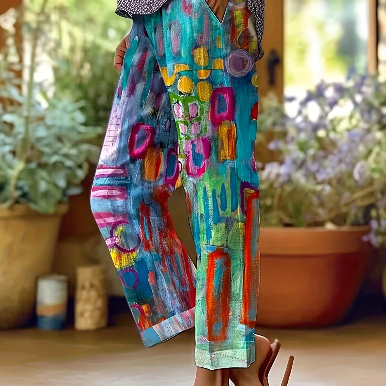 TEMU Easy Floral Print Versatile Pants For Women, Casual Loose Elastic Waist Summer Trousers