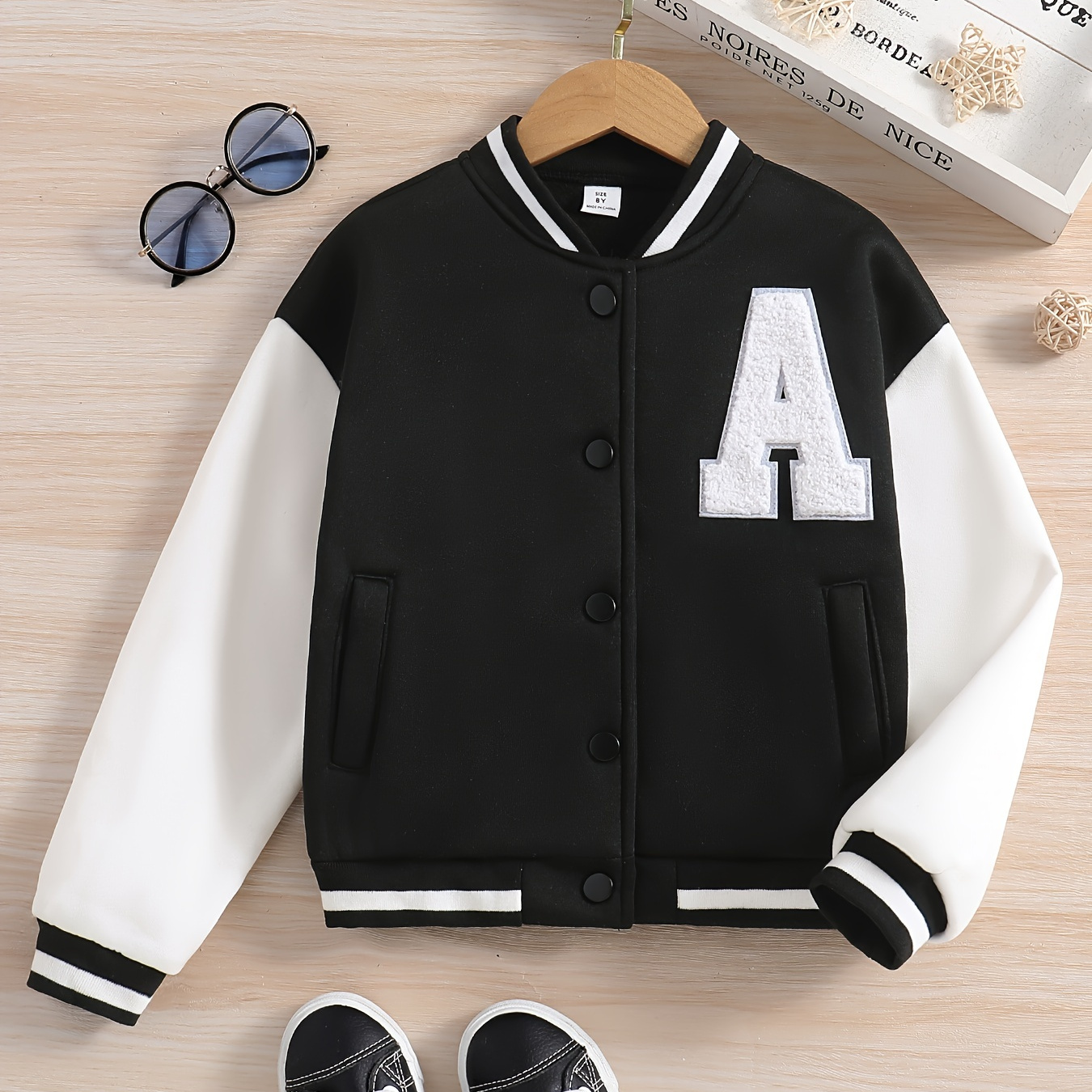 

Tween Girls Varsity Jacket Color Block Letter Print Versatile Trendy Short Length Bomber Jacket