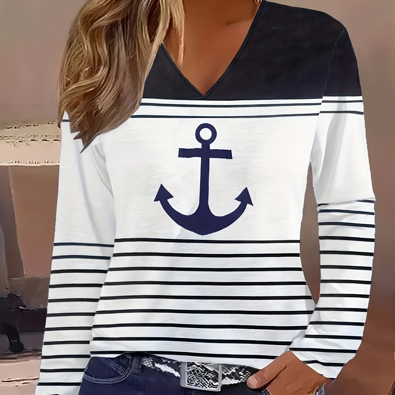 

Anchor & Stripe Print V Neck T-shirt, Casual Long Sleeve Top For Spring & Fall, Women's Clothing