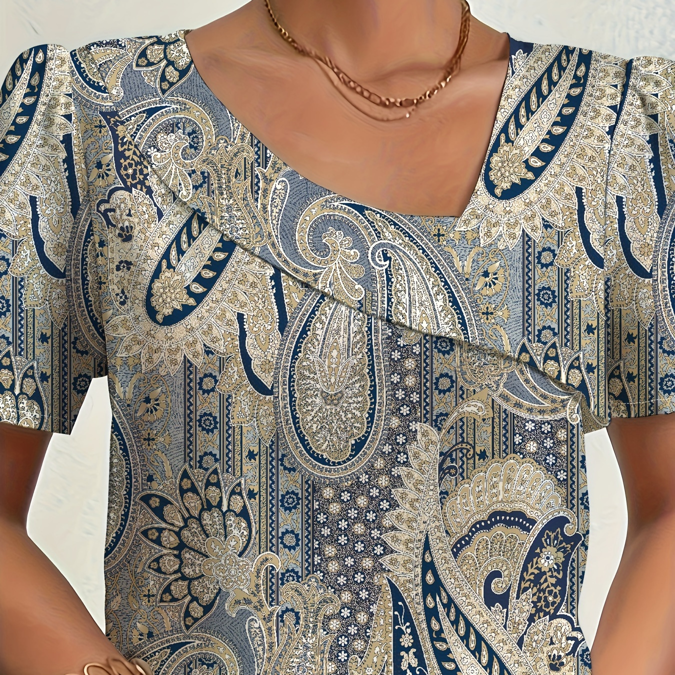 

Paisley Print Skew Neck Blouse, Boho Short Sleeve Top For Spring & Summer, Women's Clothing