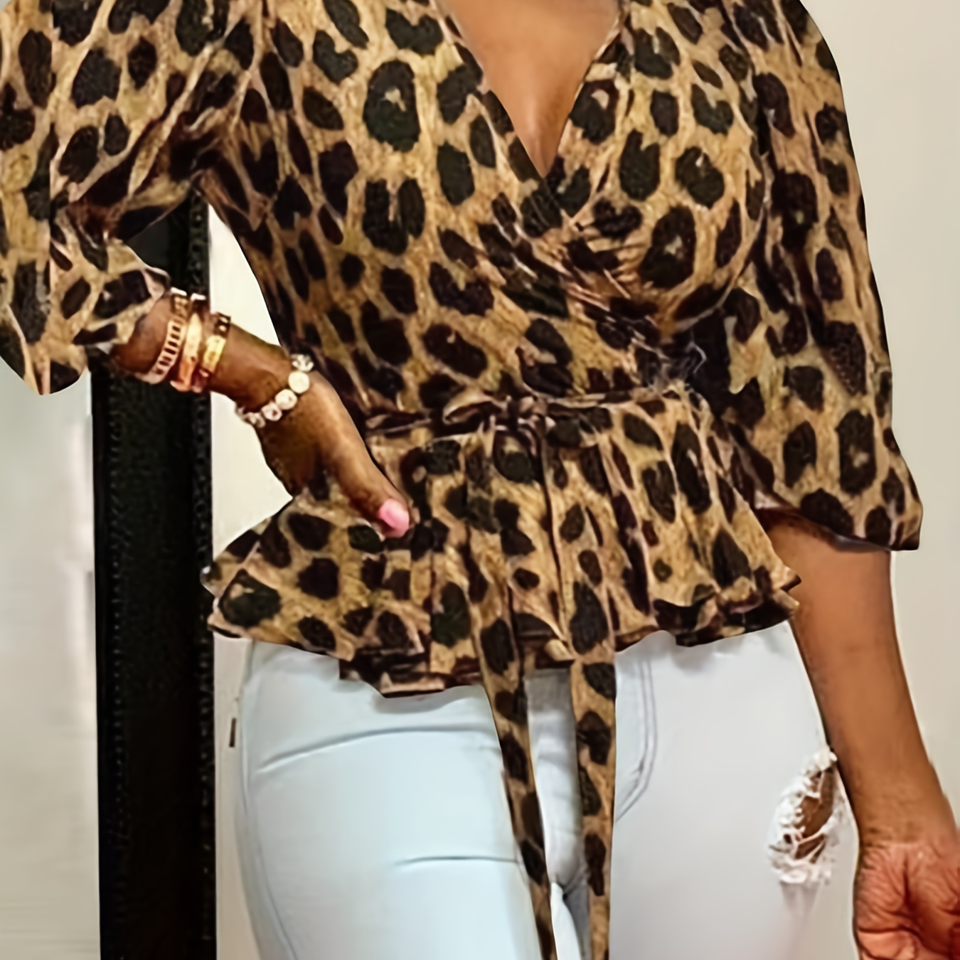

Leopard Print Surplice Neck Blouse, Elegant Tie-waist Long Sleeve Flared Blouse For Spring & Fall, Women's Clothing