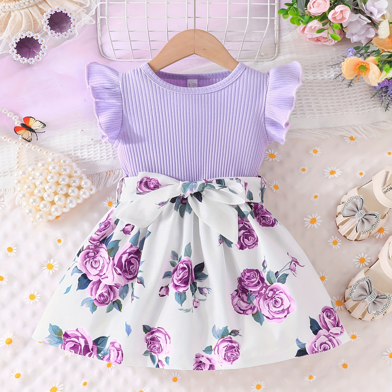 

Cute Infant Baby Girl Elegant Dress Spring Summer New Explosive Pit Strip Stitching Romantic Flower Print Round Neck Small Flying Sleeve Dress With Belt Combination Clothes