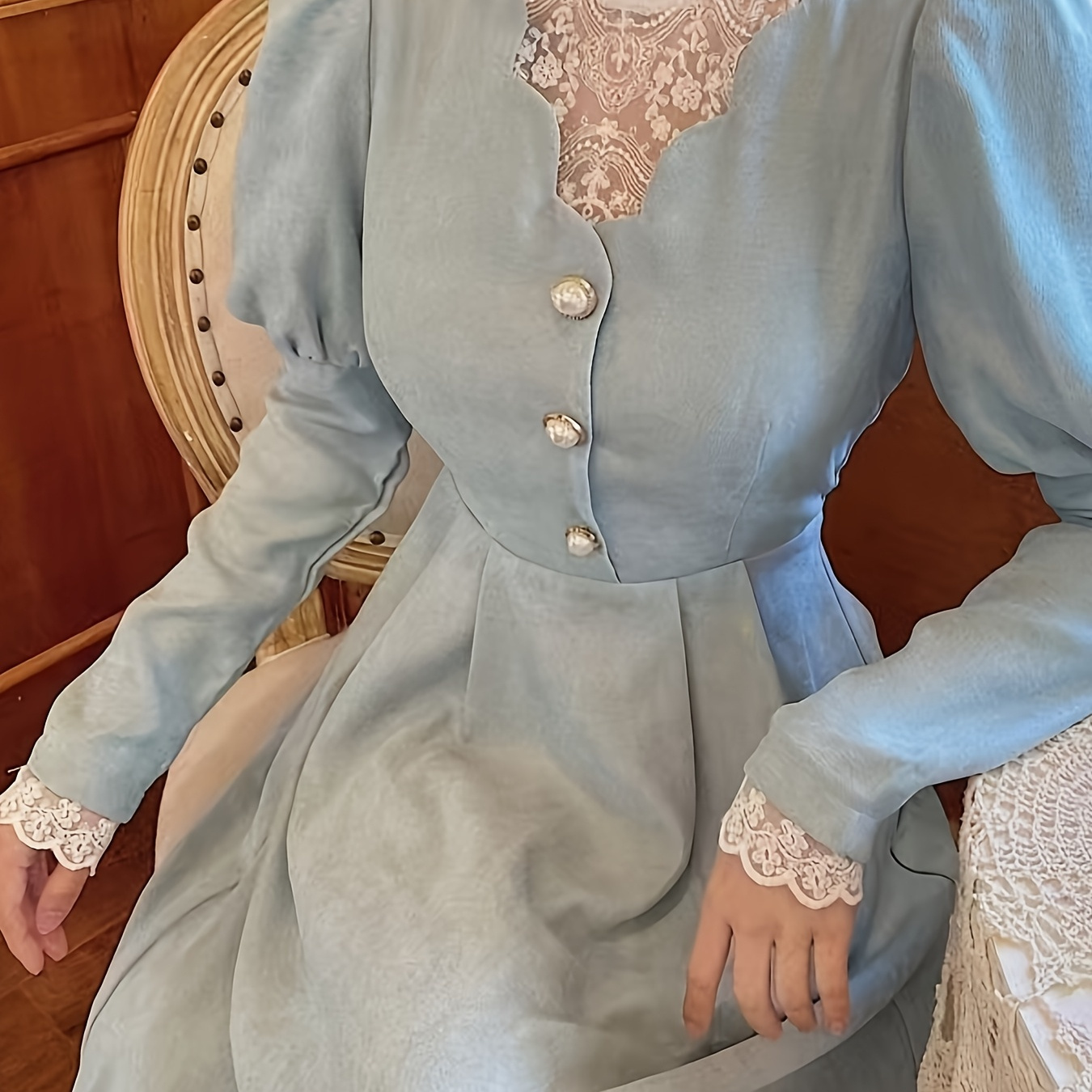 

Elegant French Court-inspired Lace Spliced Dress, Polyester 100%, Long Sleeve Lantern Sleeve, Crew Neck, Loose Fit, Flared Hem, Spring/fall A-line Dress With Fake Buttons, 150/200gsm, Adult