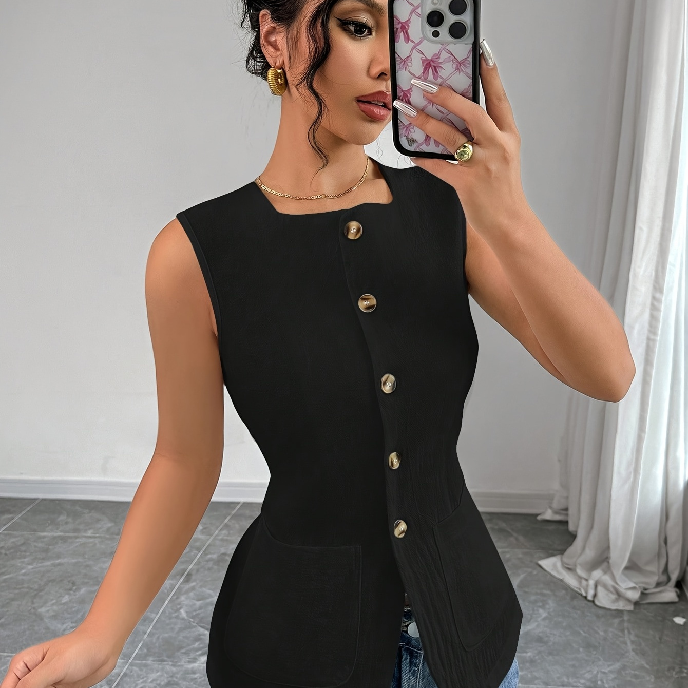 

Women's Elegant Sleeveless Work Tank Top, Solid Color Polyester 95% Elastane 5% With Button Detail, Cardigan Collar, Summer Woven Fabric, 150 G/m² - Fashion Casual Business Vest