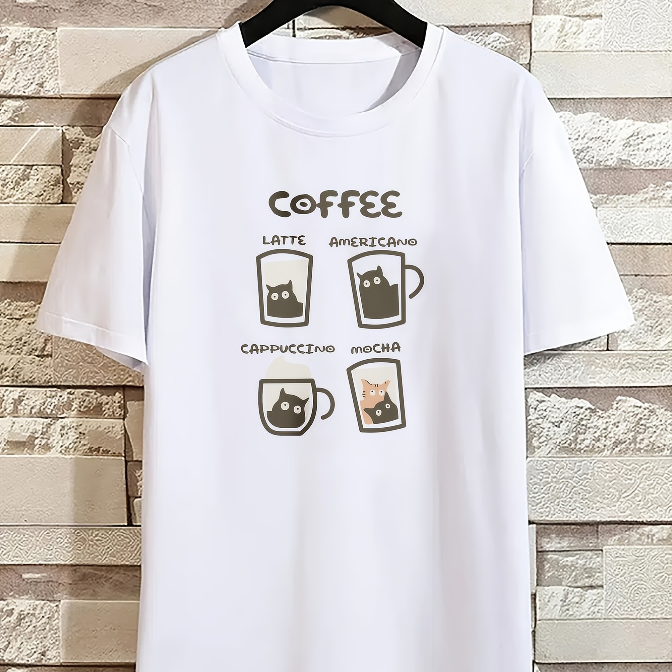 

Mens Casual Kitty Coffee Slightly Stretch Crew Neck Short Sleeve T-shirt, Male Clothes For Summer