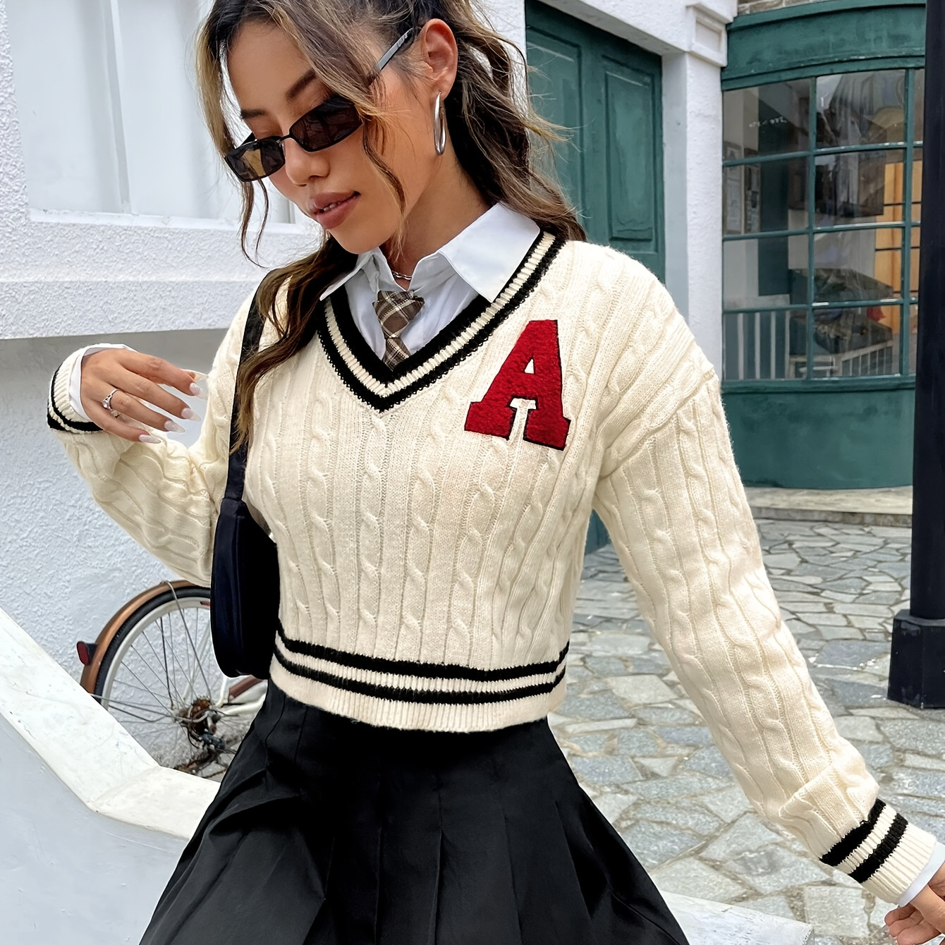 

Cozy Preppy-style V-neck Sweater With Embroidered Letter Design - Long Sleeve, Polyester Knit For Women - Fall/winter, Plus Size Sweater, Casual, Zdz082003