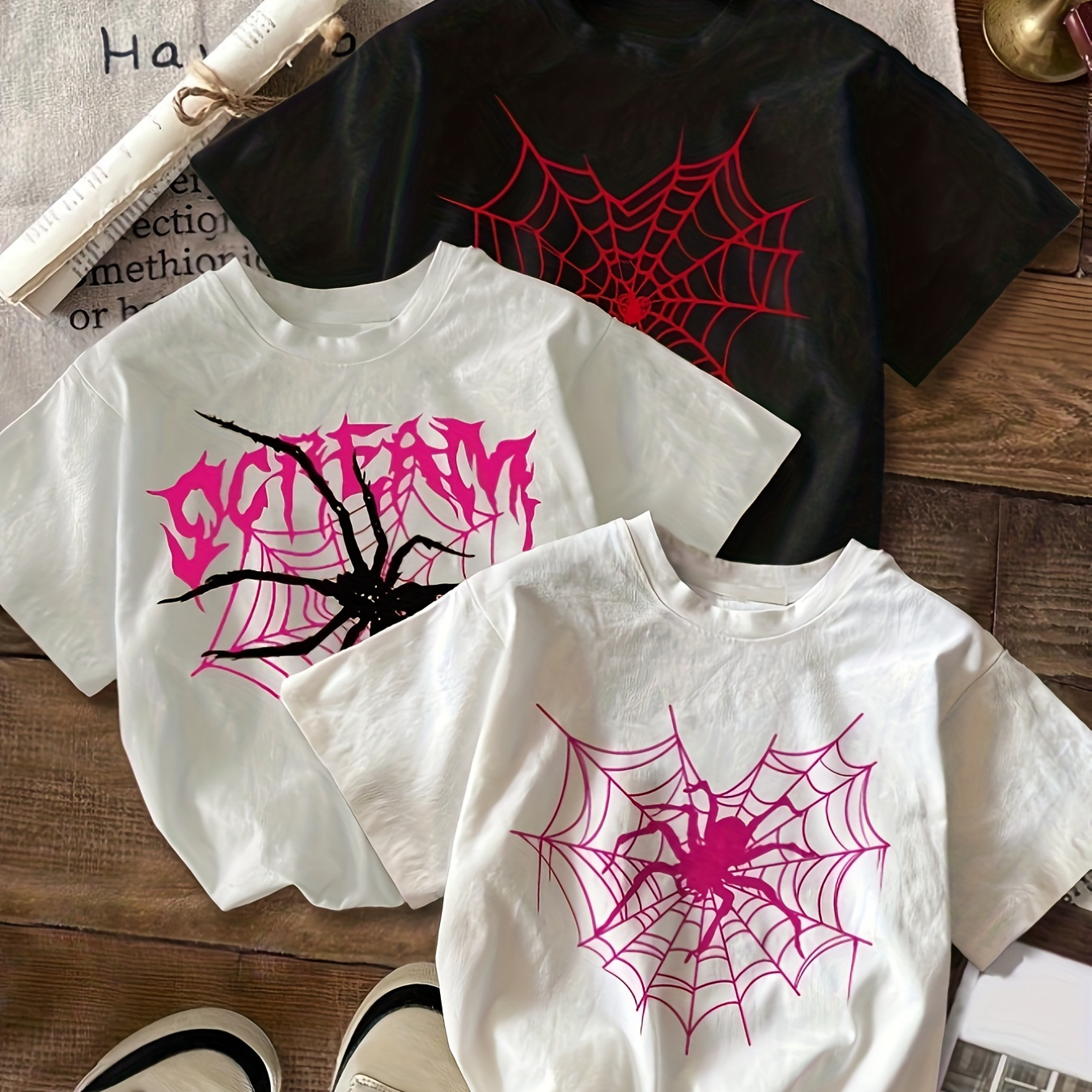 

3-piece Set Spider & Spider Web Print T-shirt, Short Sleeve Crew Neck Casual Top For Summer & Spring, Women's Clothing