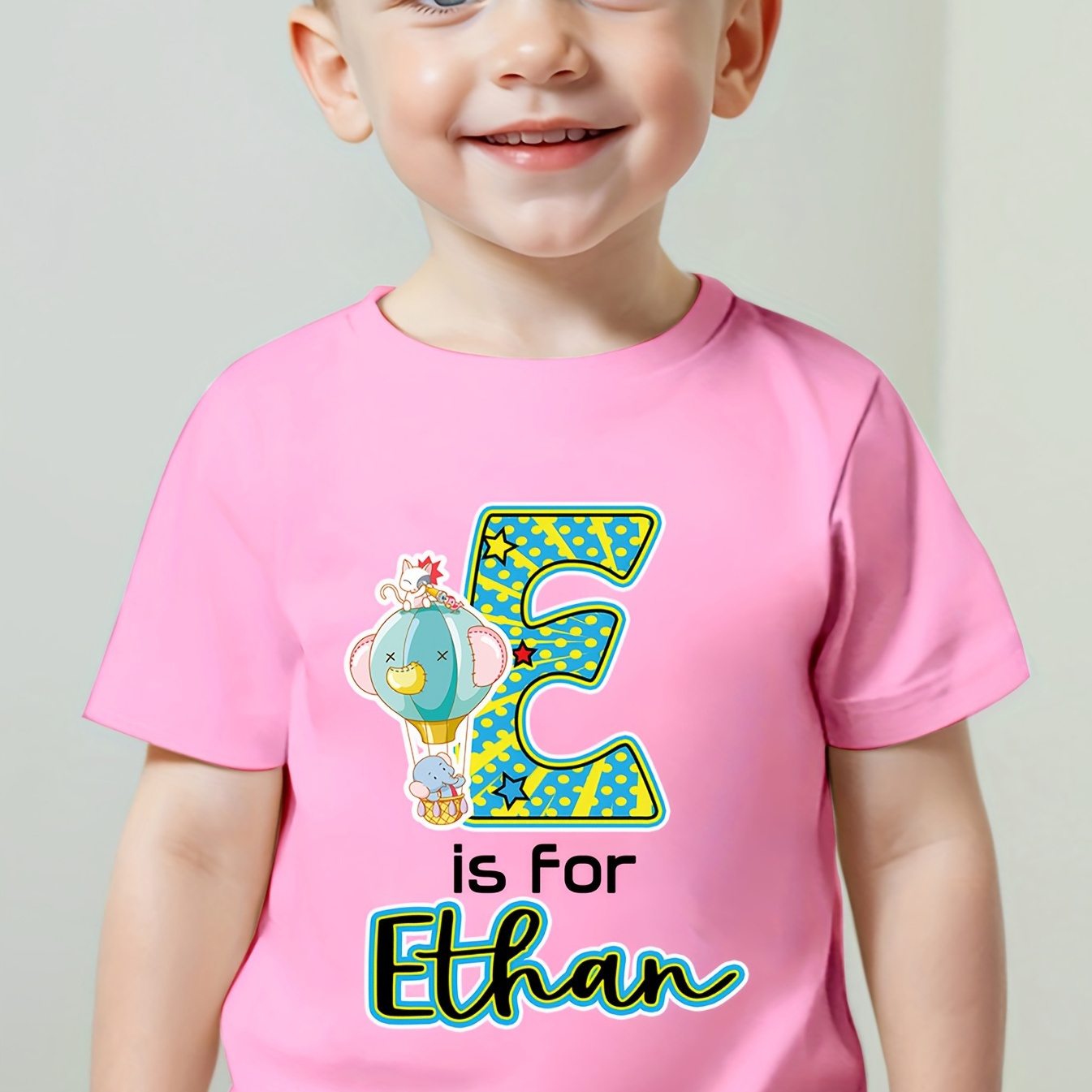 

Customized Baby's Cotton T-shirt, "......" Name Customization Initial Letter E & Cartoon Animal Balloon Print Crew Neck Casual Short Sleeve Top, Toddler Kid Boy's Tee