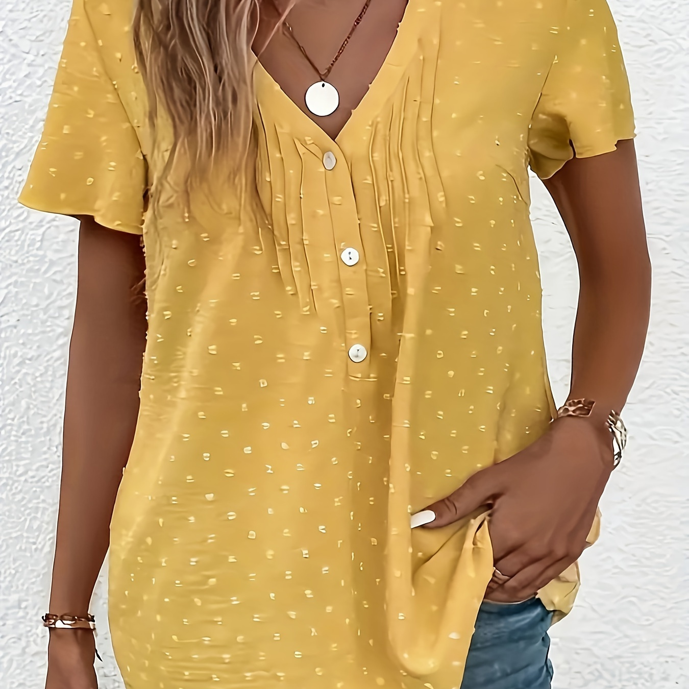 

Plus Size Swiss Dots Solid Blouse, Casual V Neck Short Sleeve Blouse For Spring, Women's Plus Size clothing
