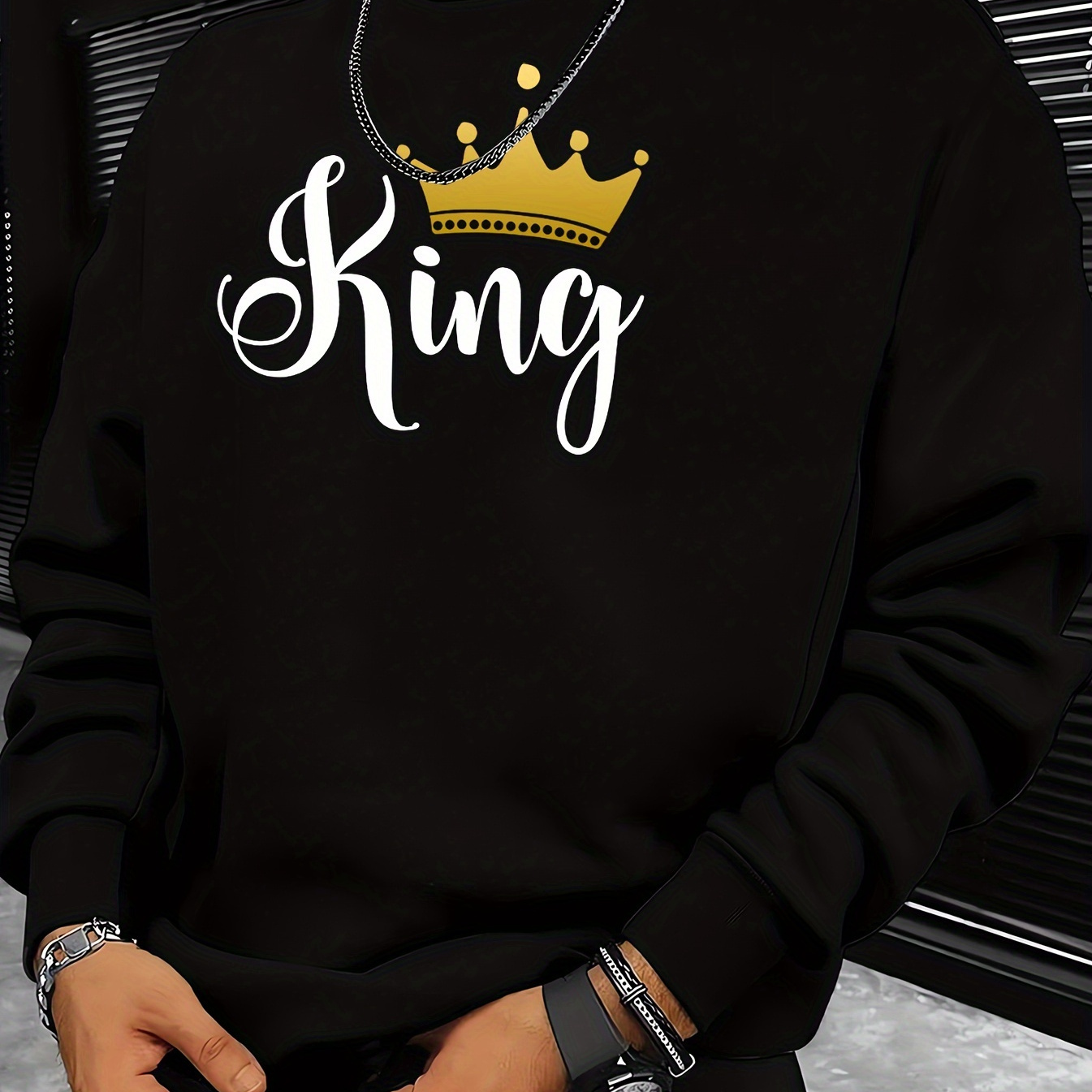

Men's Pullover Round Neck Long Sleeve Sweatshirt Crown Pattern Casual Top For Autumn Winter Men's Clothing As Gifts