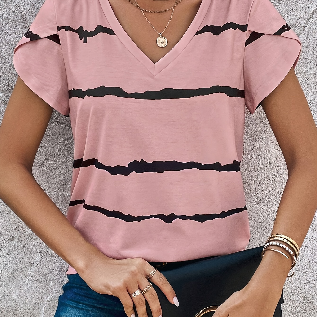 

Striped V Neck T-shirt, Casual Petal Sleeve Top For Spring & Summer, Women's Clothing
