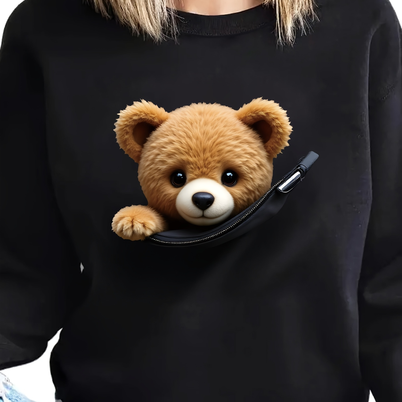 

1pc Women's Teddy Bear Casual Crew Neck Sweatshirt, Polyester 100% Knit Fabric, Fall/, Alphabet Pattern, Gift For Family