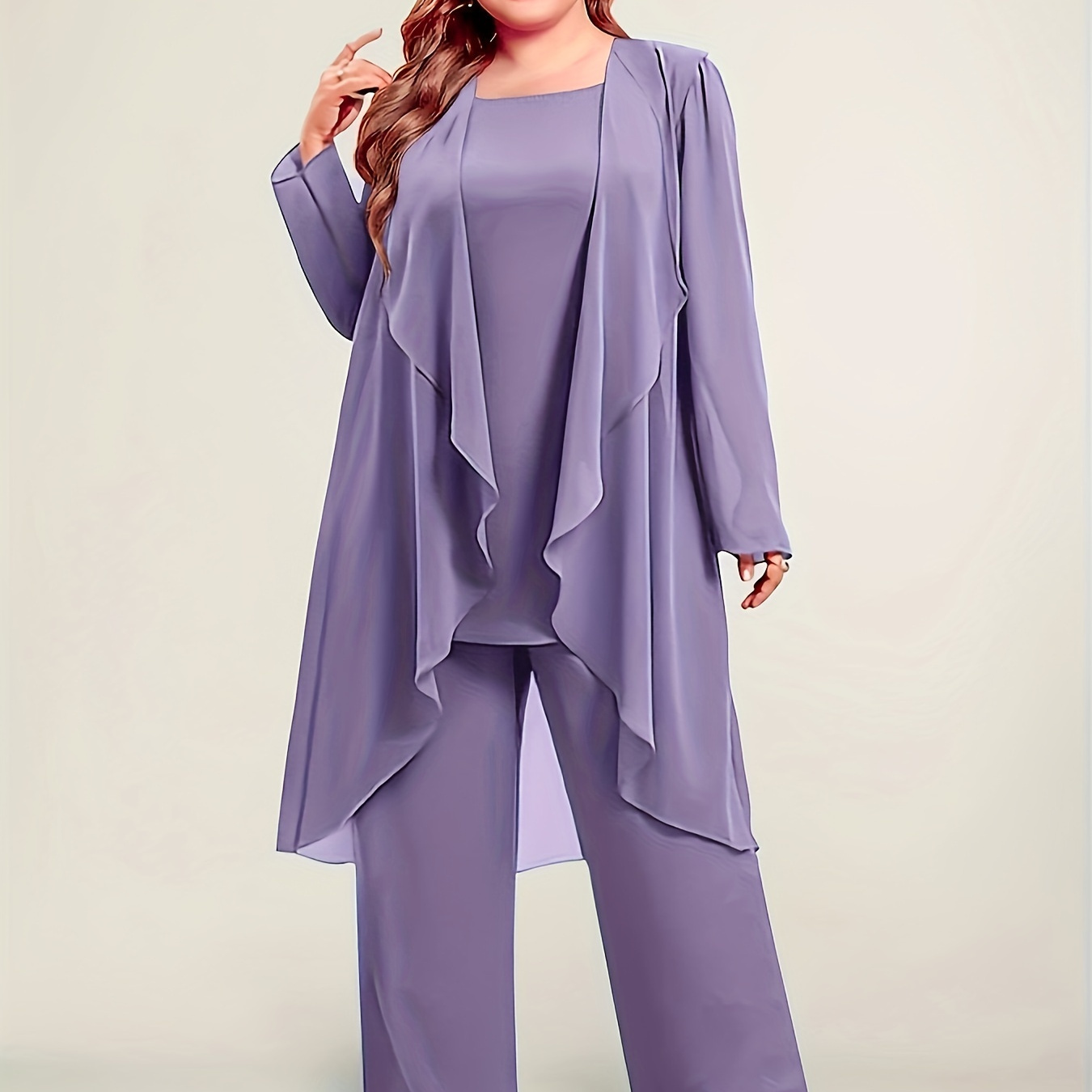 

Plus Size Simple Solid Three-piece Set, Crew Neck Tank Top + Pants + Open Front Top Outfits, Women's Plus Size clothing