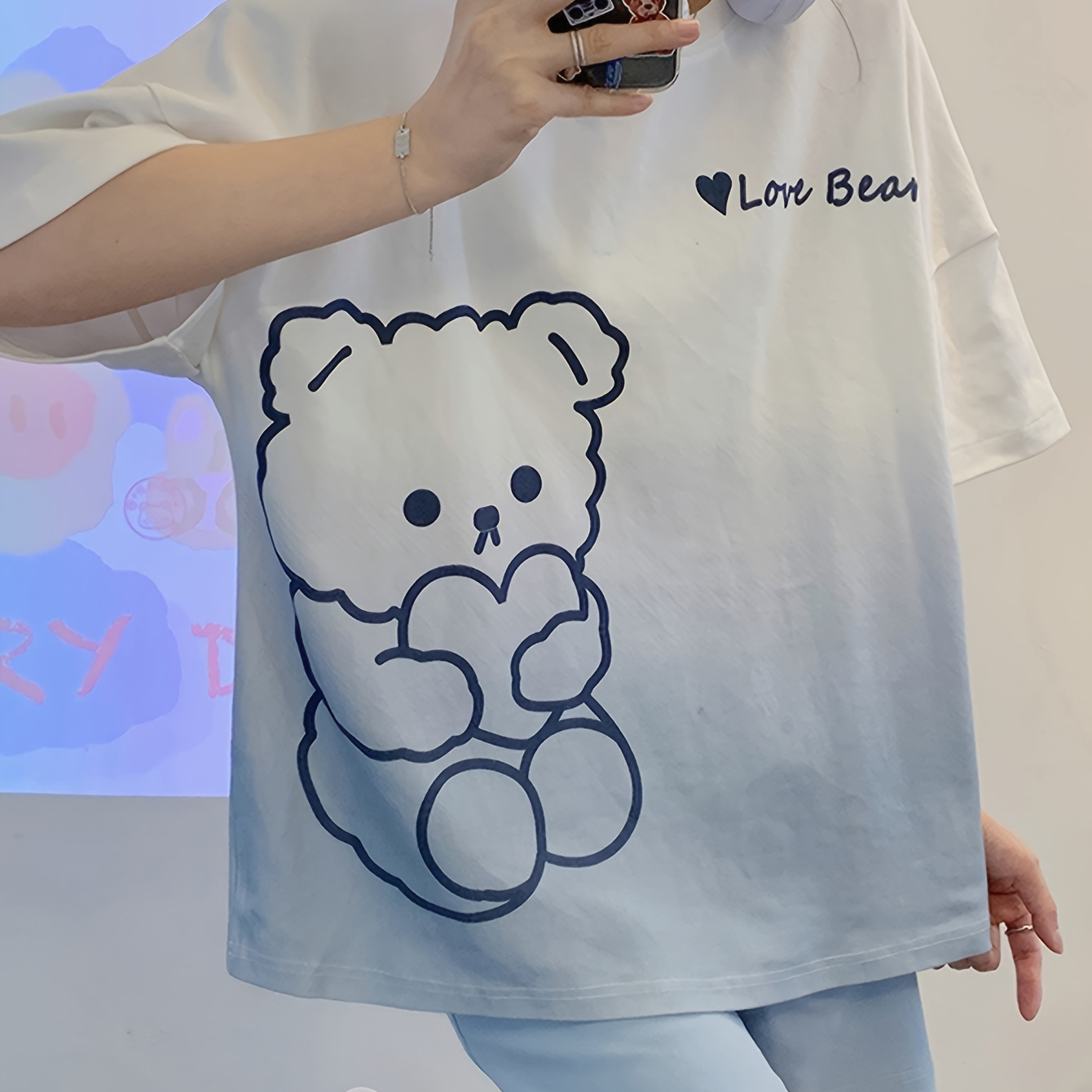 

Cute Bear & Letter Print Ombre Loose Fit Pajama Set, Short Sleeve Round Neck Top & Elastic Shorts, Women's Sleepwear