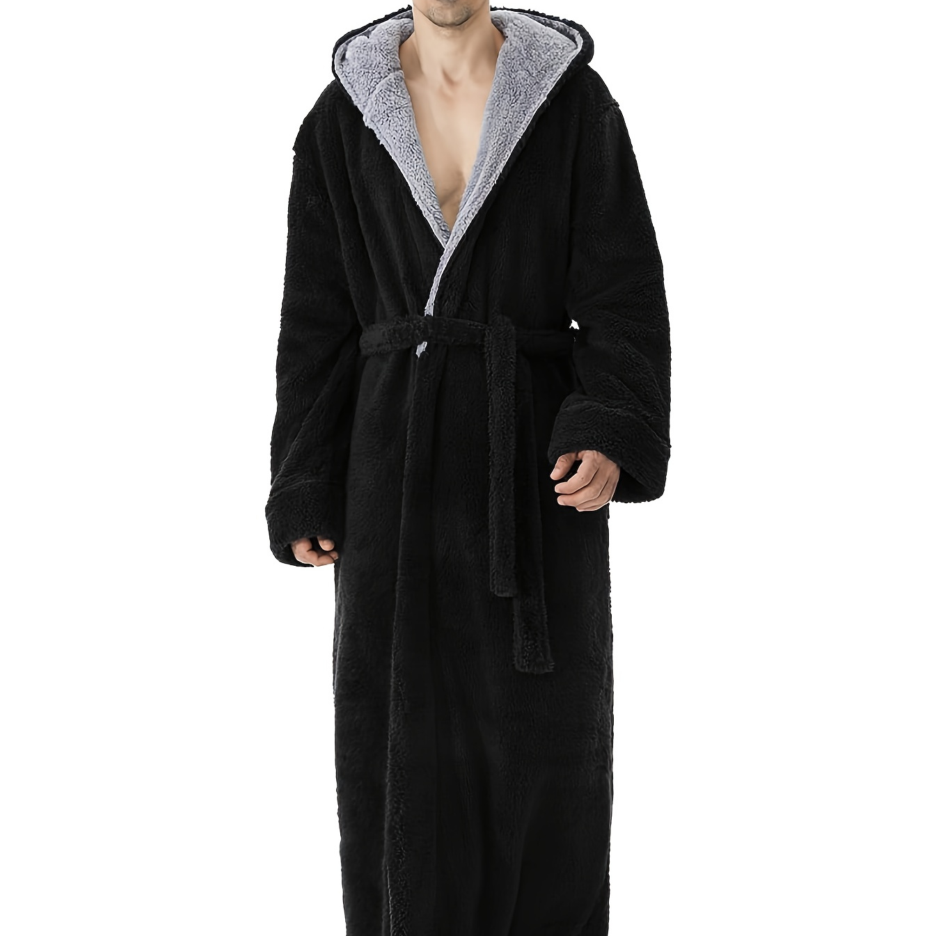 

Men's Plush Hooded Bathrobe - Cozy, Comfortable Clothing With Belt For Shower , Perfect Gift Idea