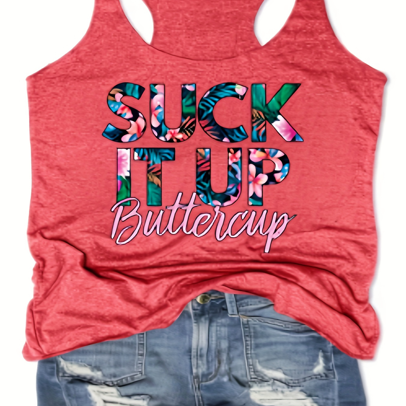 

Women's Fashion Slim-fit Printed Tank Top, Casual Style, Breathable Fabric, Racerback Design - "suck It Up Buttercup" Motivational