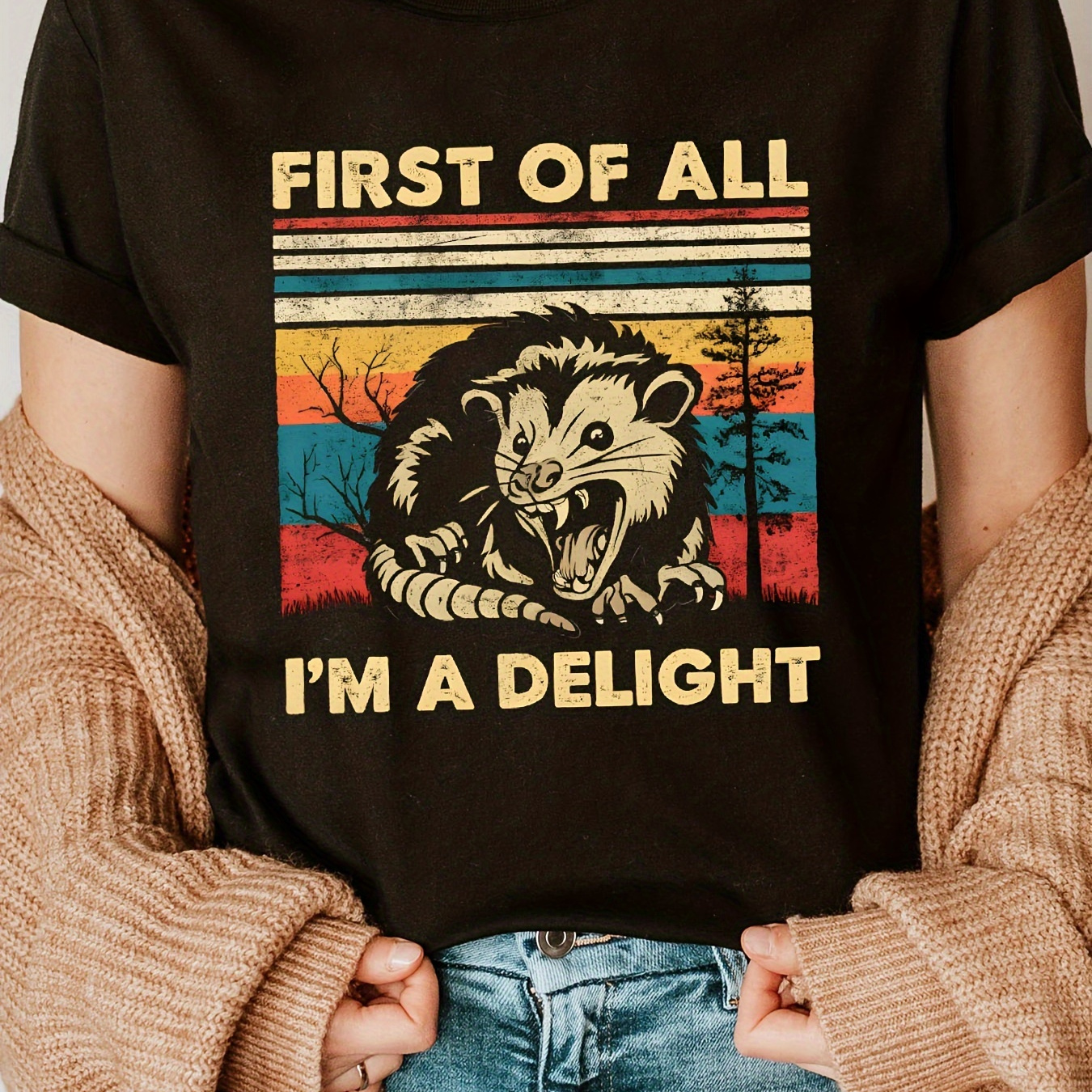 

Women's Cotton Graphic Tee With "i'm A Delight" Possum Print - Casual Crew Neck T-shirt With Short Sleeves And Slight Stretch Fabric - All-season Knit Top