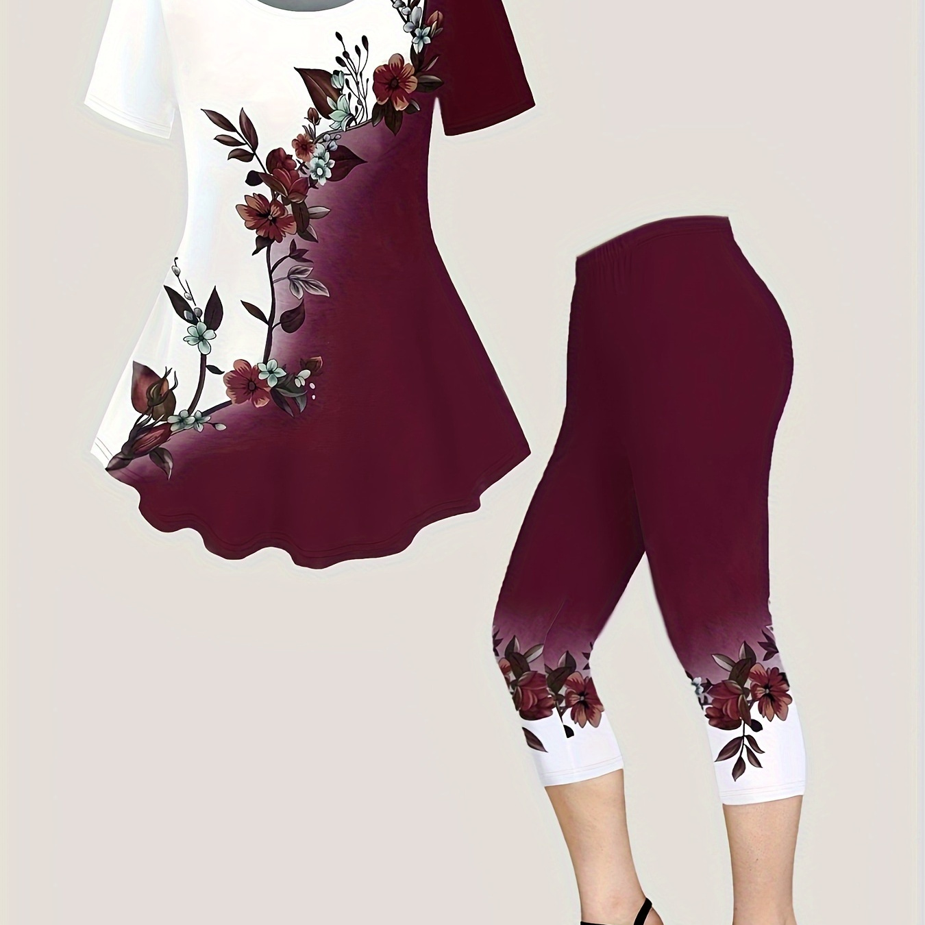 

Floral Print Summer & Spring Casual Two-piece Set, Crew Neck Short Sleeve Top & Slim Pants Outfits, Women's Clothing