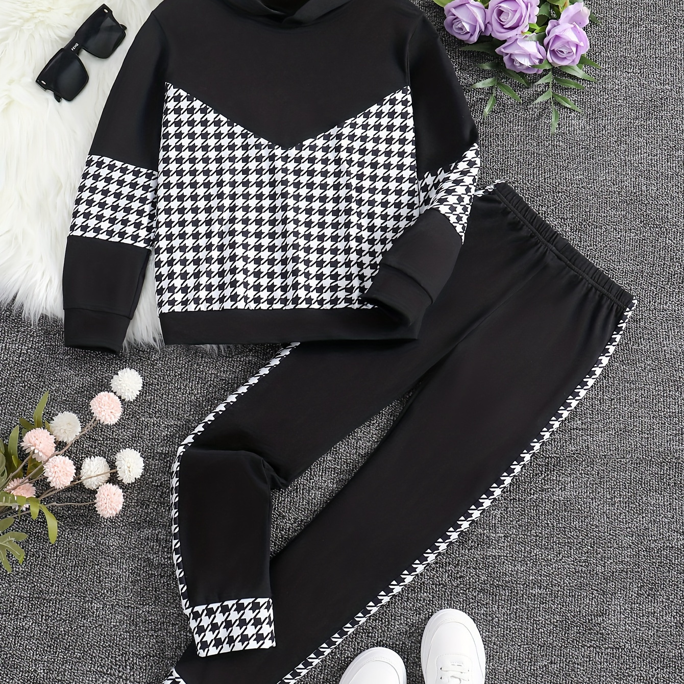 

Splicing Houndstooth Pattern Sets 2pcs Girls Hoodies + Jogger Pants Set Spring Fall Gift Sports