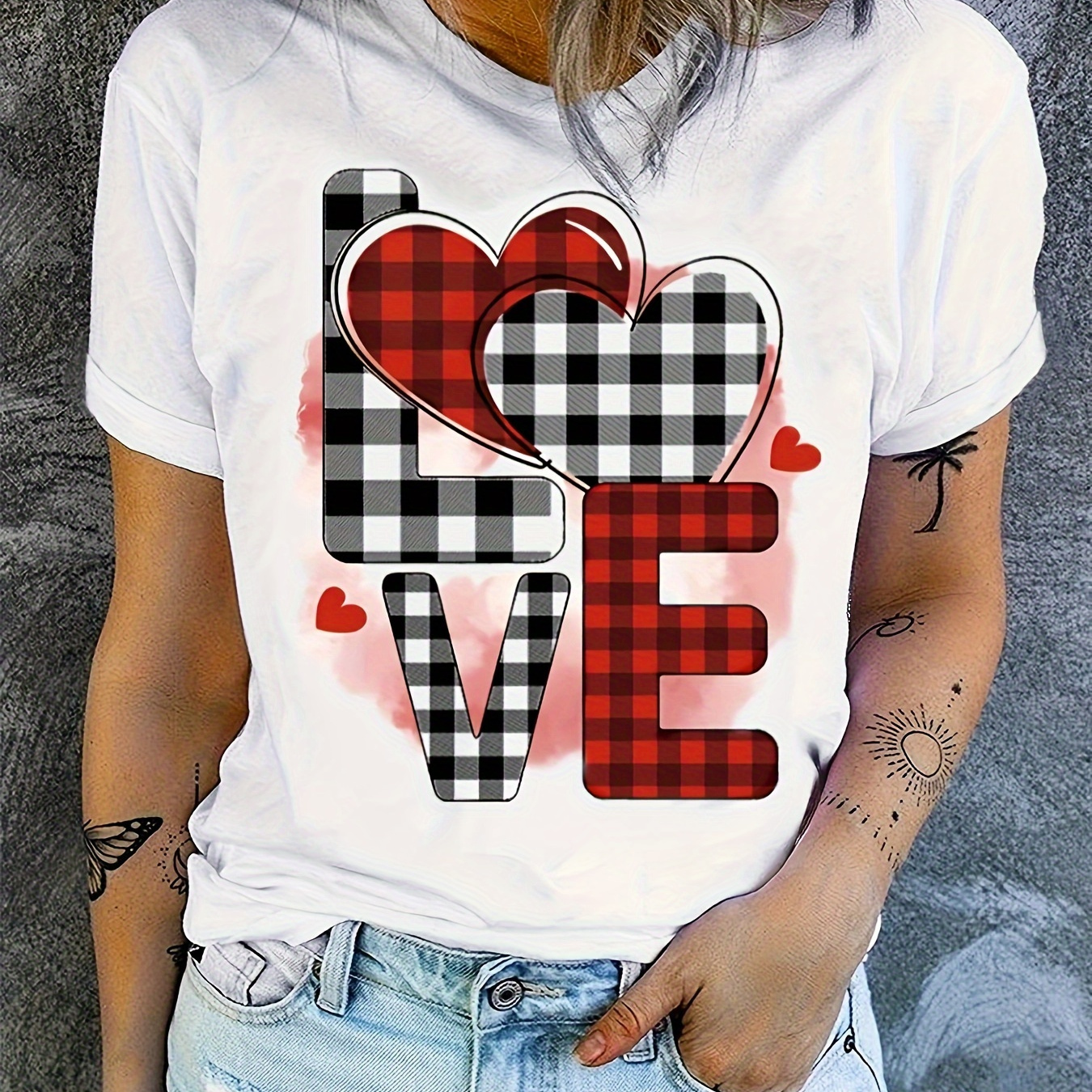 

Valentine's Day Love Print T-shirt, Casual Crew Neck Short Sleeve Top For Spring & Summer, Women's Clothing