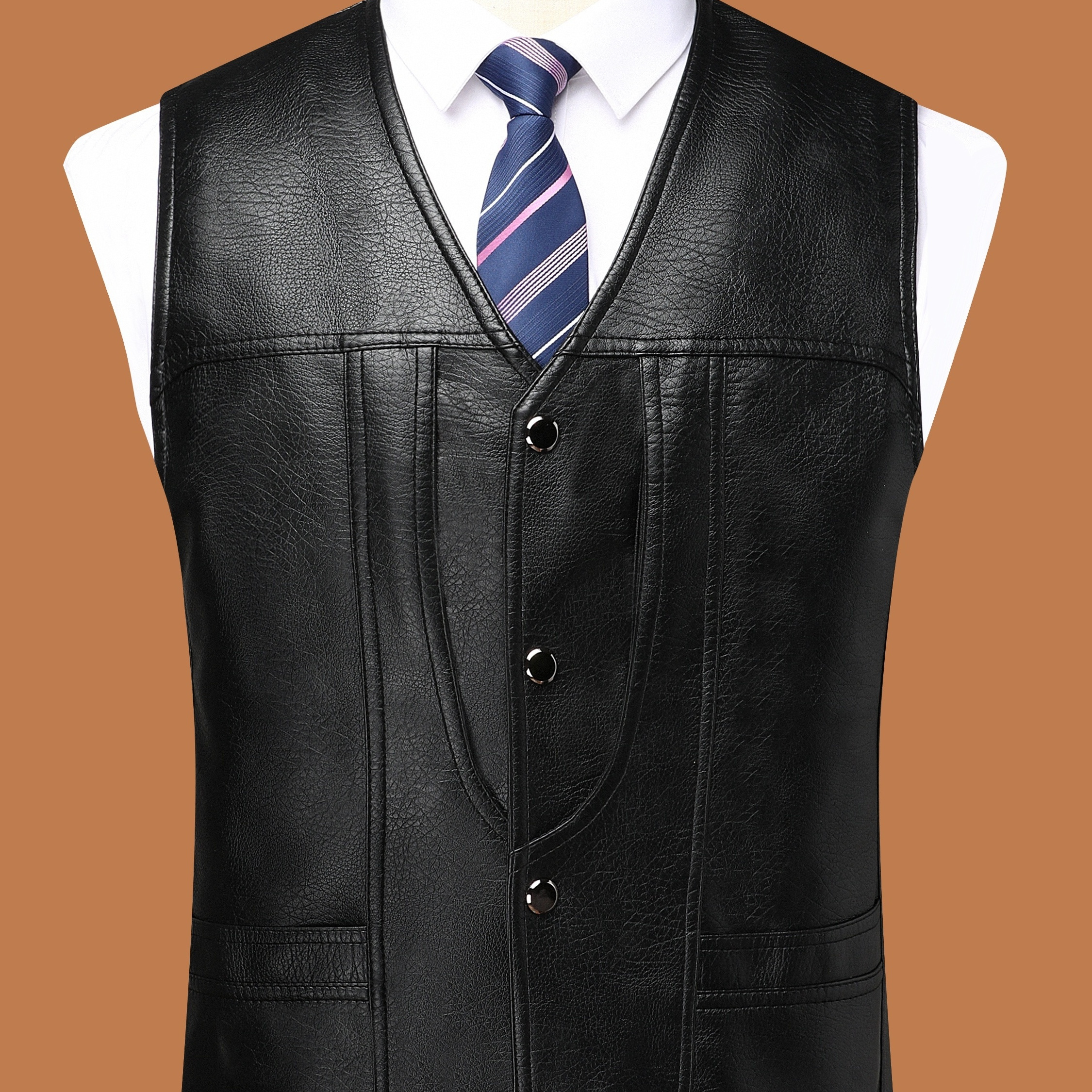 

V Neck Smart Pu Vest, Men's Casual Chic Solid Color Single Breasted Faux Leather Waistcoat For Spring Fall