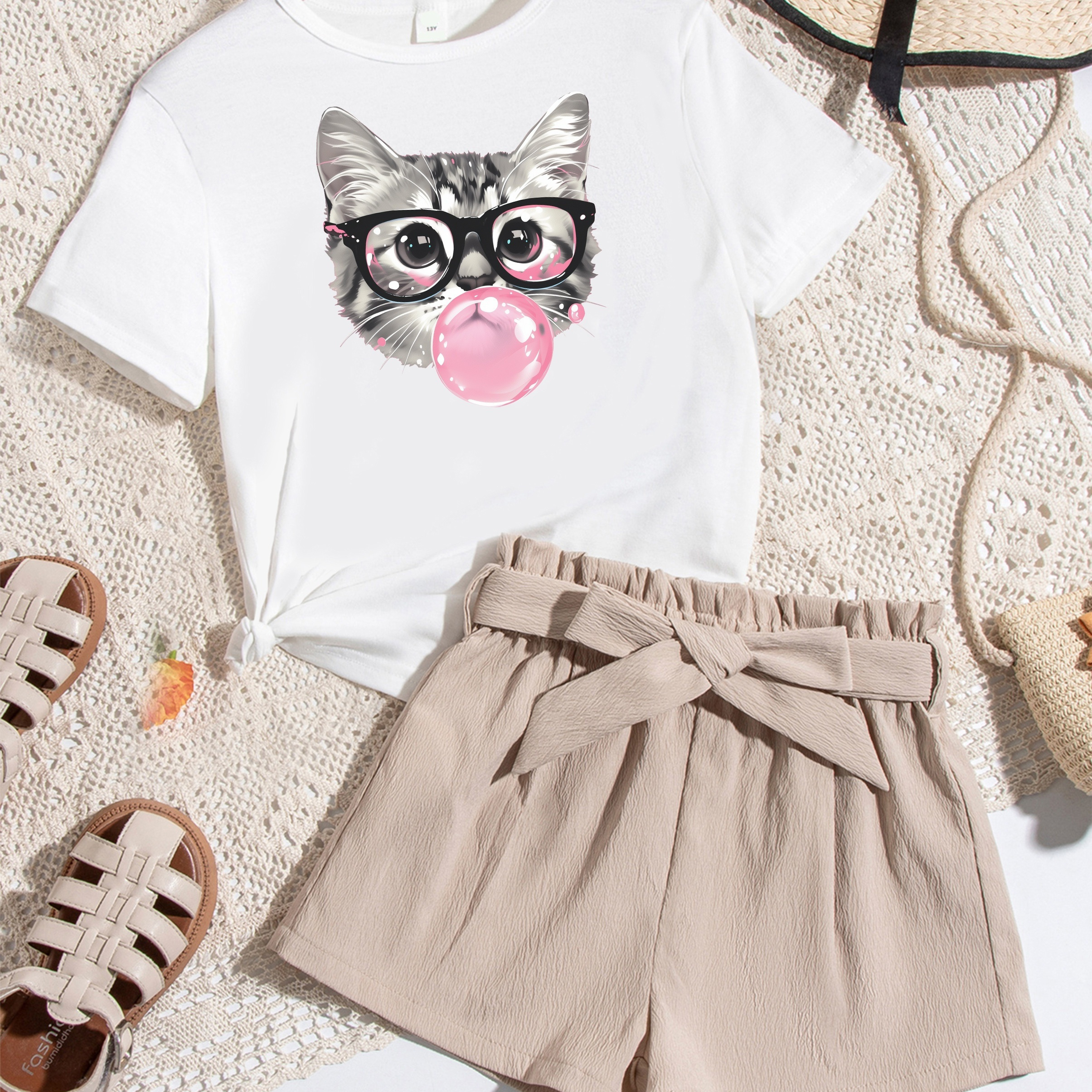 

2pcs, Cat Graphic T-shirt + Bow Waist Set, And Summer Clothes