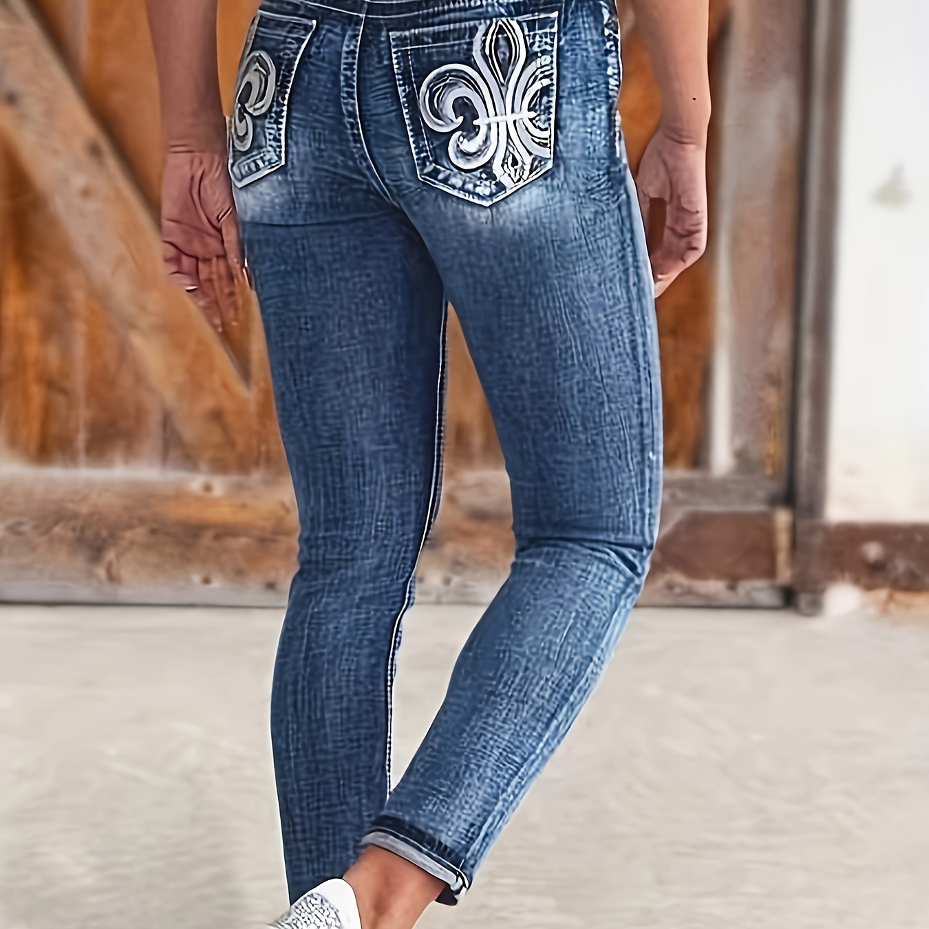 

Women's Plus Size Stretchy Embroidered Skinny Jeans - Fashionable Denim With Geometric Pattern, Machine Washable