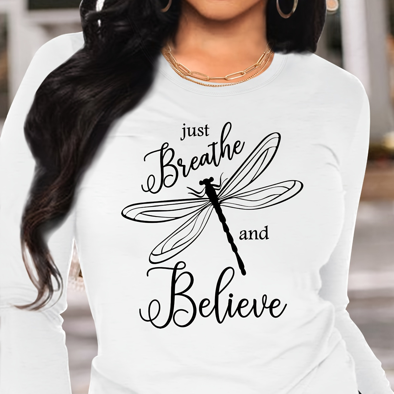 

Dragonfly T-shirt, Long Sleeve Crew Neck Casual Top For Spring & Fall, Women's Clothing