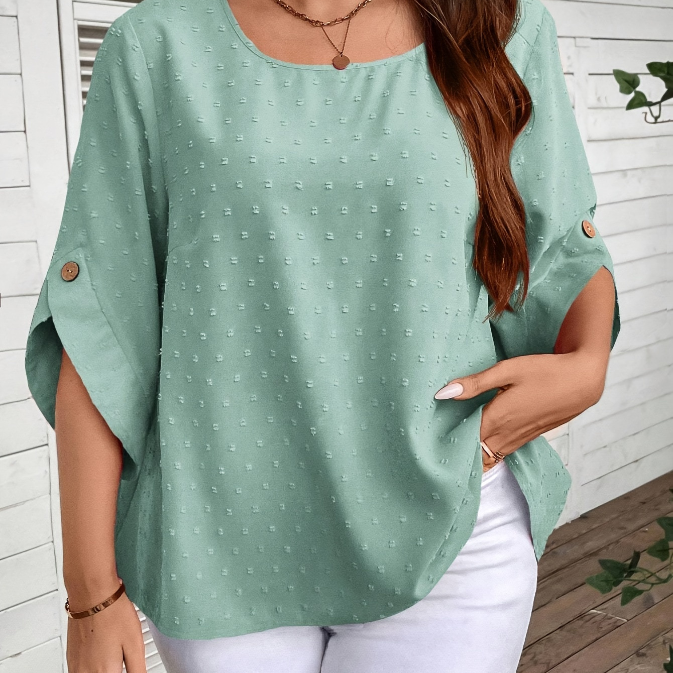 

Plus Size Swiss Dots Solid Blouse, Casual Crew Neck Short Sleeve Blouse For Spring, Women's Plus Size clothing