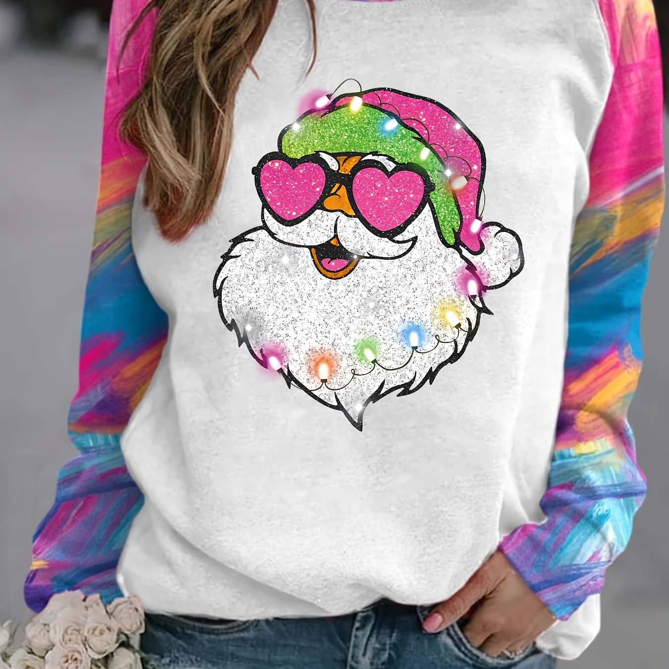 

Christmas Santa Print Pullover Sweatshirt, Casual Raglan Sleeve Crew Neck Sweatshirt For Fall & Winter, Women's Clothing