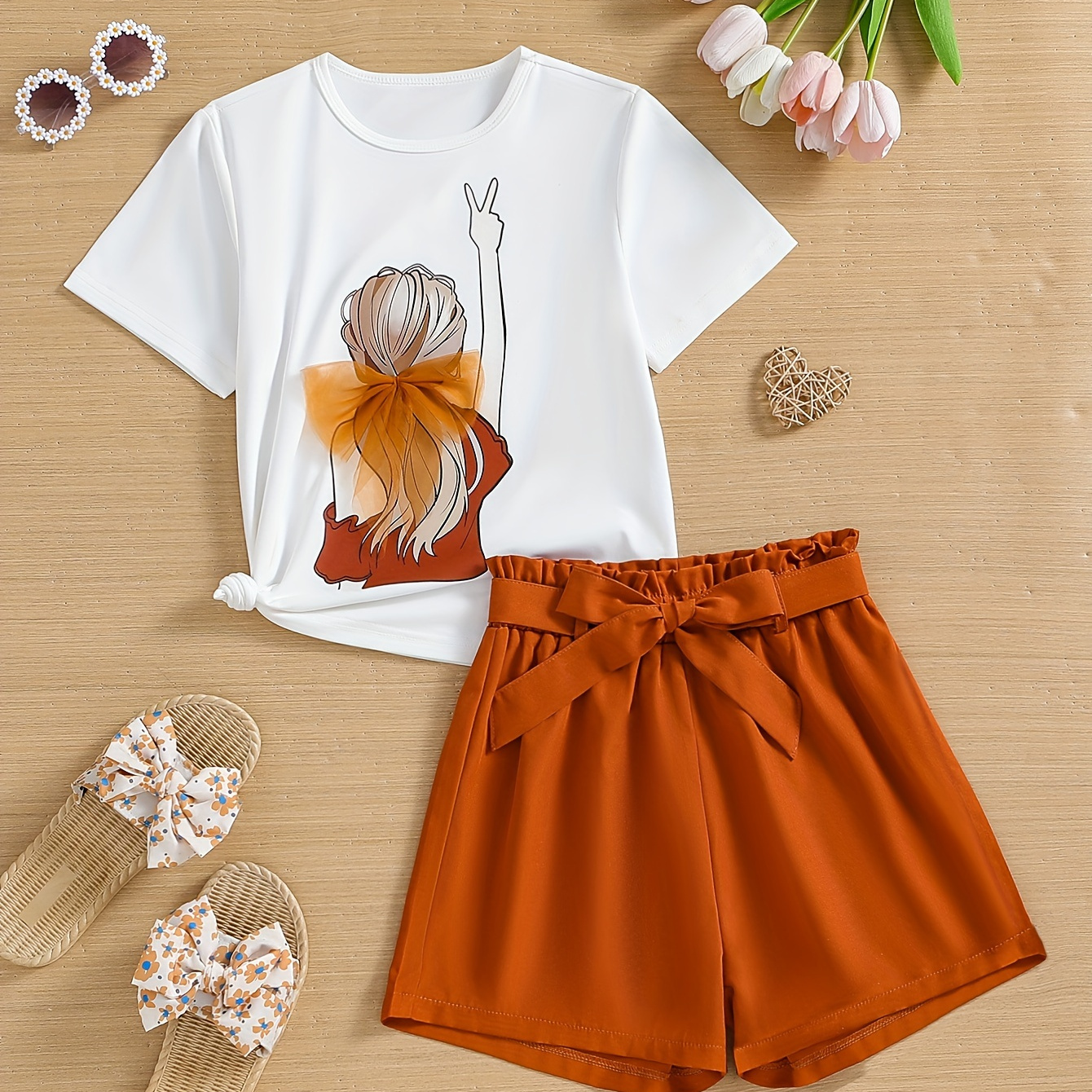 

3d Bow Decor Girls Outfit 2pcs Portrait Short Sleeve Top & Solid Shorts Set Holiday Summer Outfit