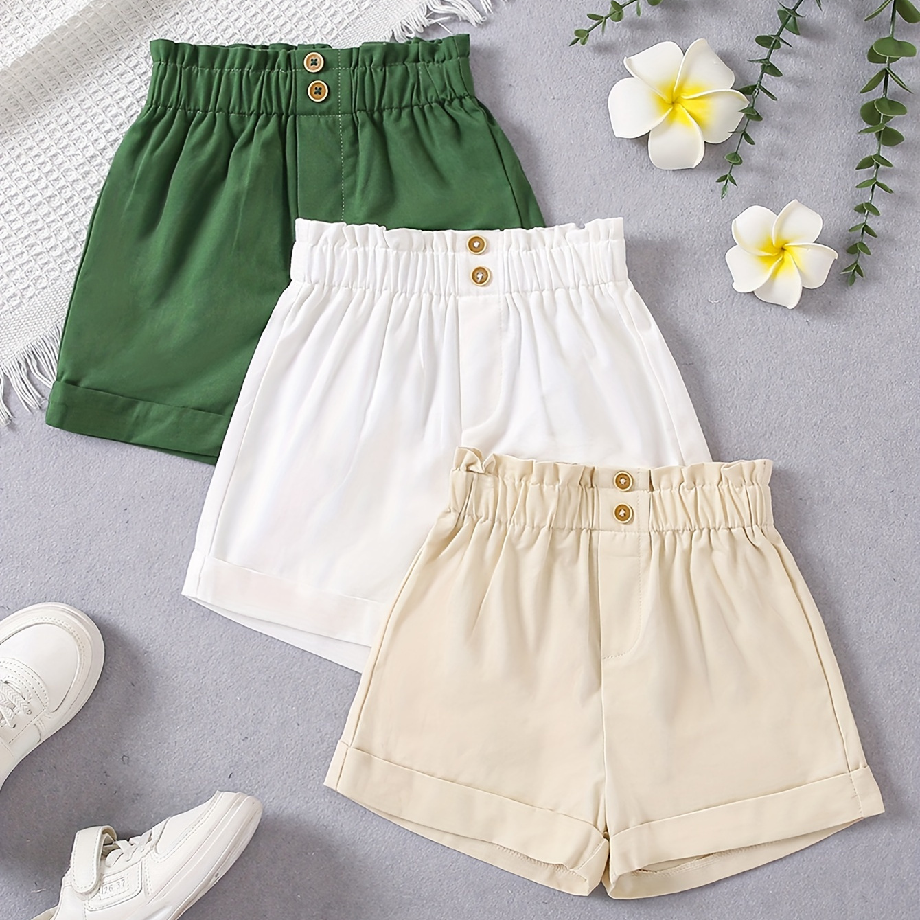 

3pcs, Comfy 100% Cotton Paperbag Waist Shorts Set, Solid Shorts For Girls Summer Gift