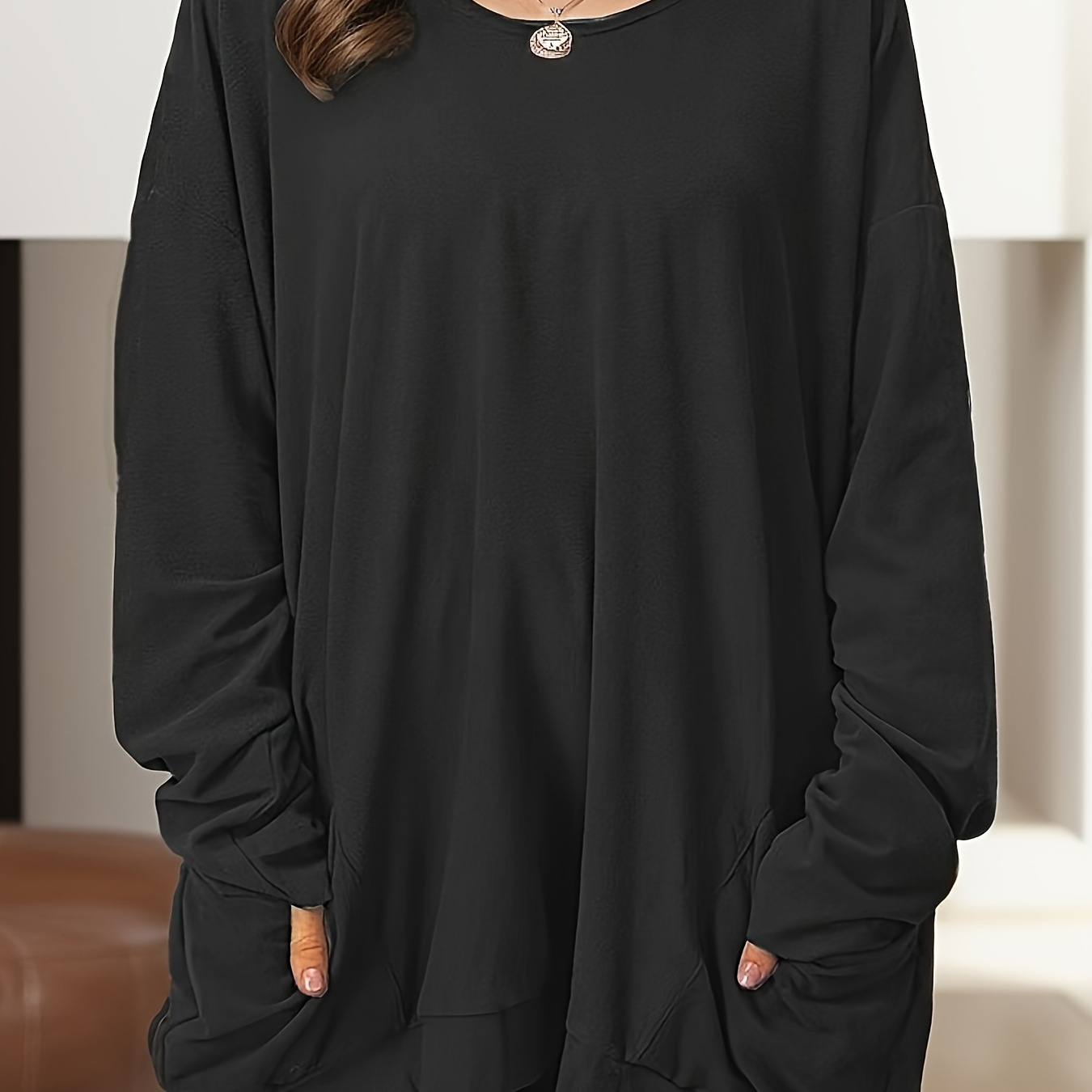 

Plus Size Solid Pockets Top, Casual Crew Neck Long Sleeve Top, Women's Plus Size clothing