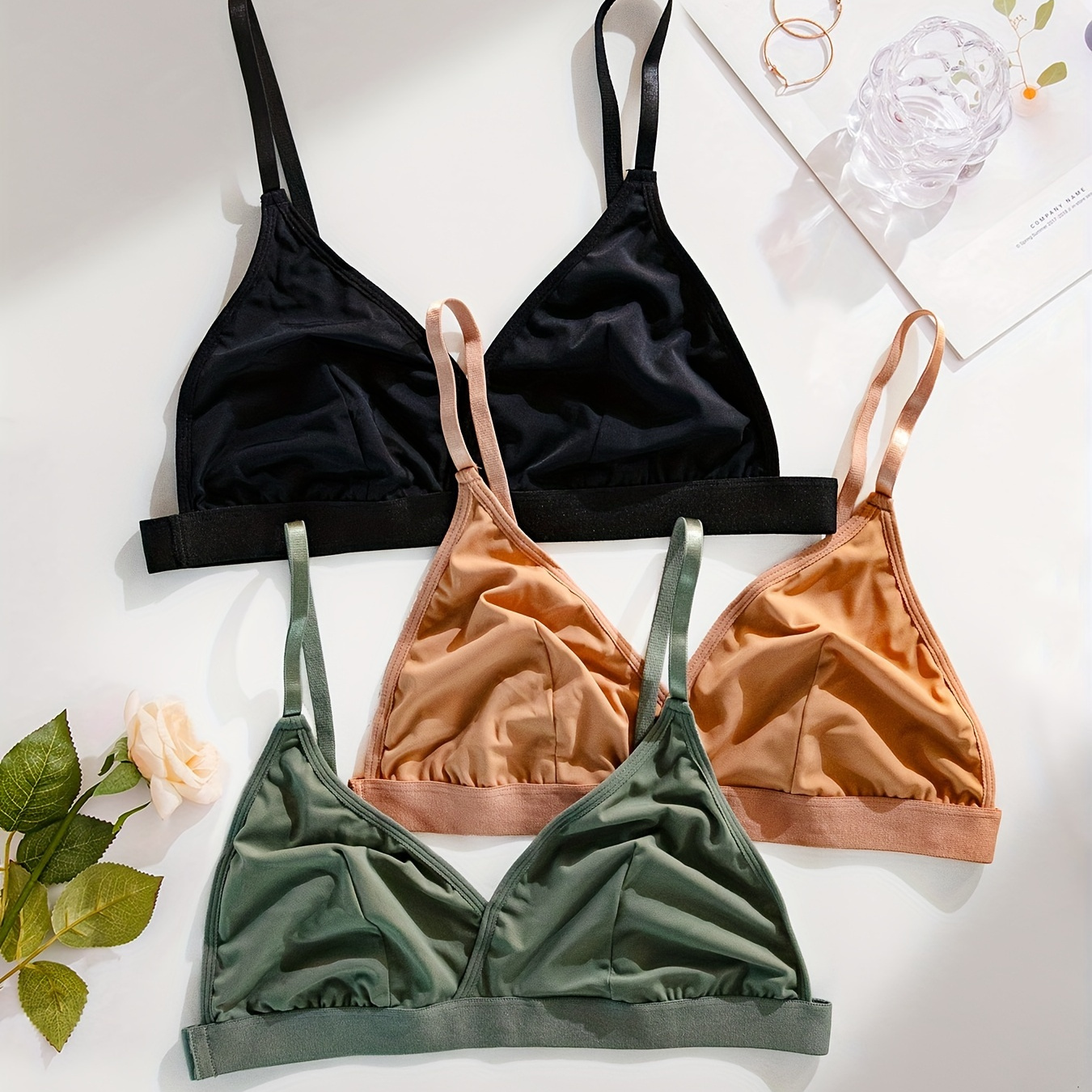 

3pcs Plus Size Elegant Bra, Women' Surplice Neck Non Padded Wireless Bra