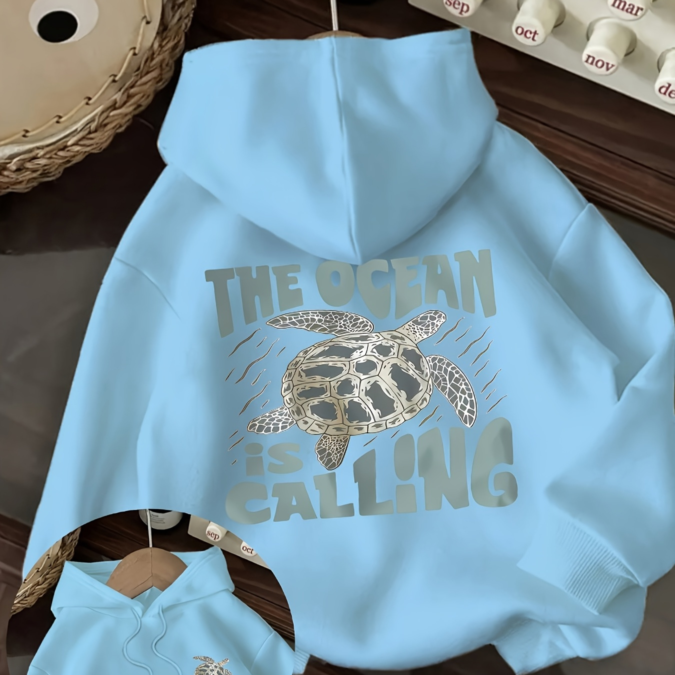 Women's Coastal Hoodie - Pastel Blue Ocean Calling Graphic Sweatshirt with Front Pocket, Soft Hooded Pullover for Beach Outings, Casual Winter & Fall Clothing, Beach Clothes