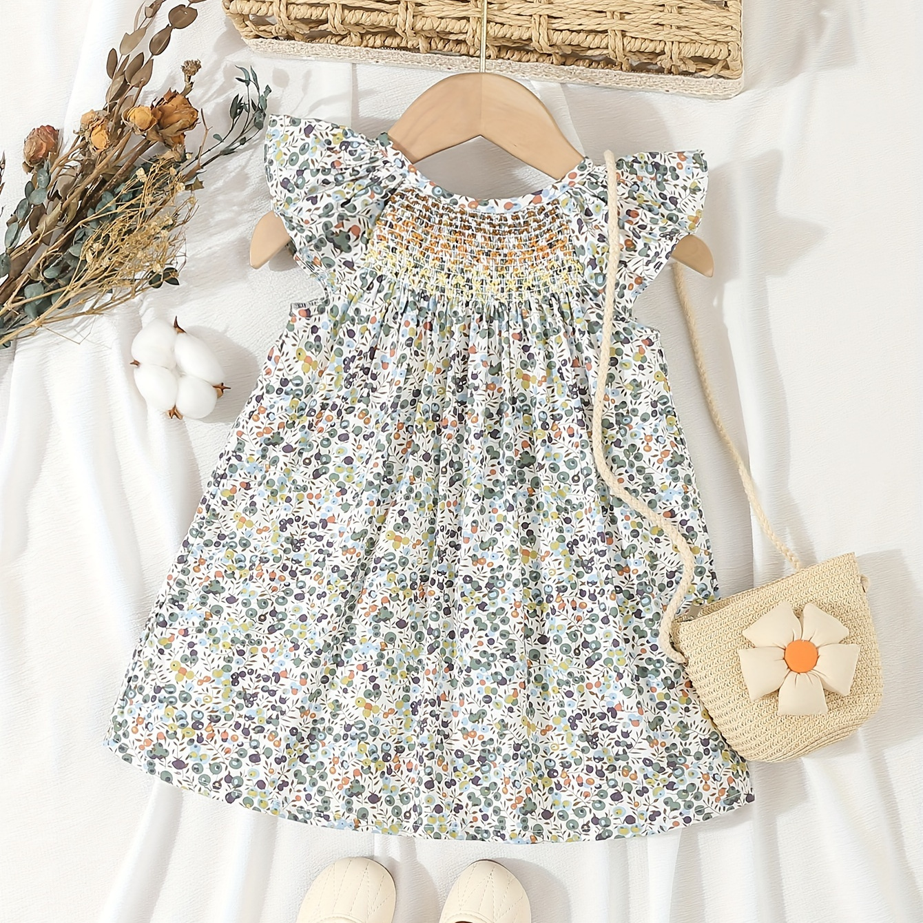 

Baby's Pastoral Style Floral Pattern Shirred Dress, Comfy Cotton Sleeveless Dress, Infant & Toddler Girl's Clothing For Summer/spring, As Gift