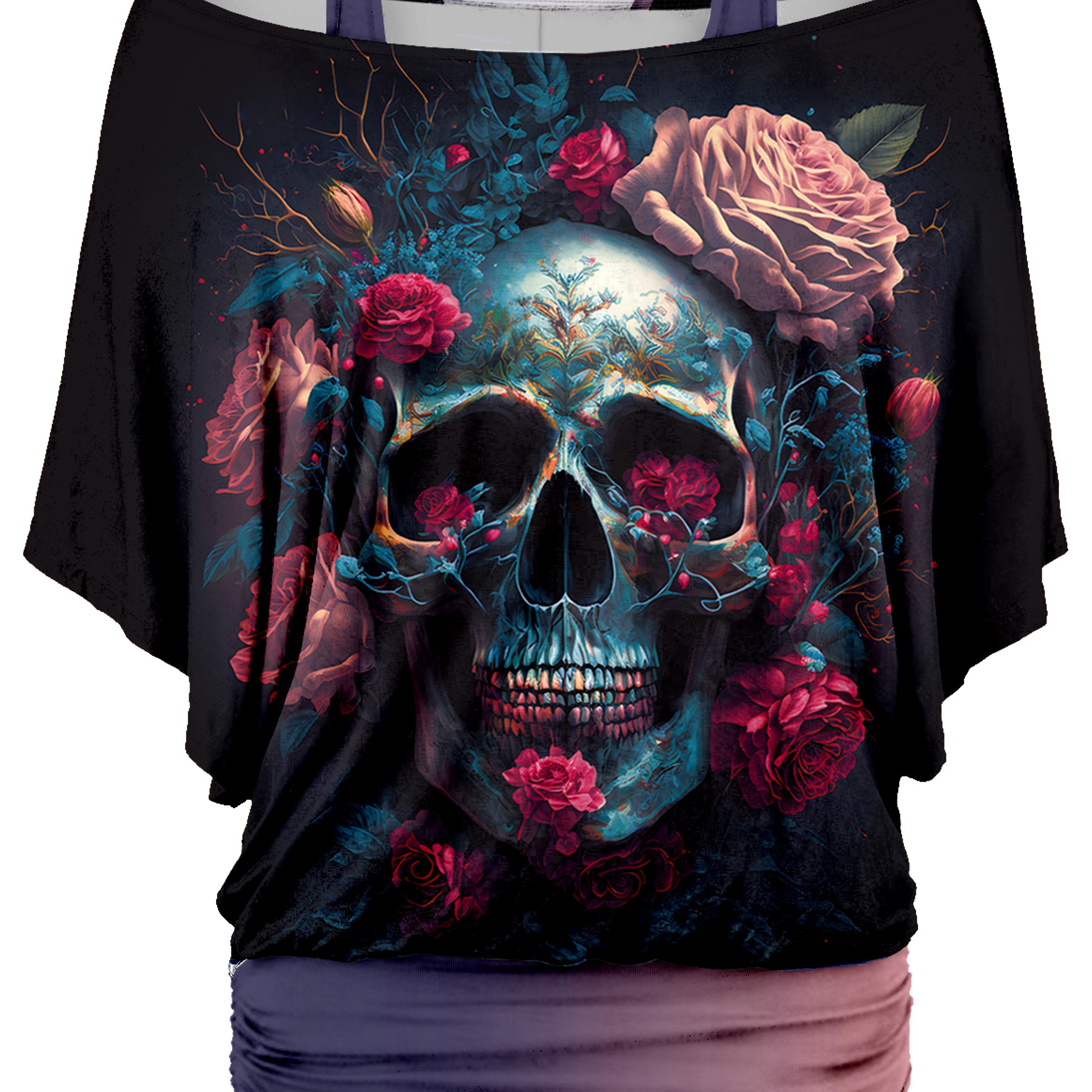 

Cold Shoulder Skull & Floral Print T-shirt, Y2k Colorblock Top For Spring & Summer, Women's Clothing