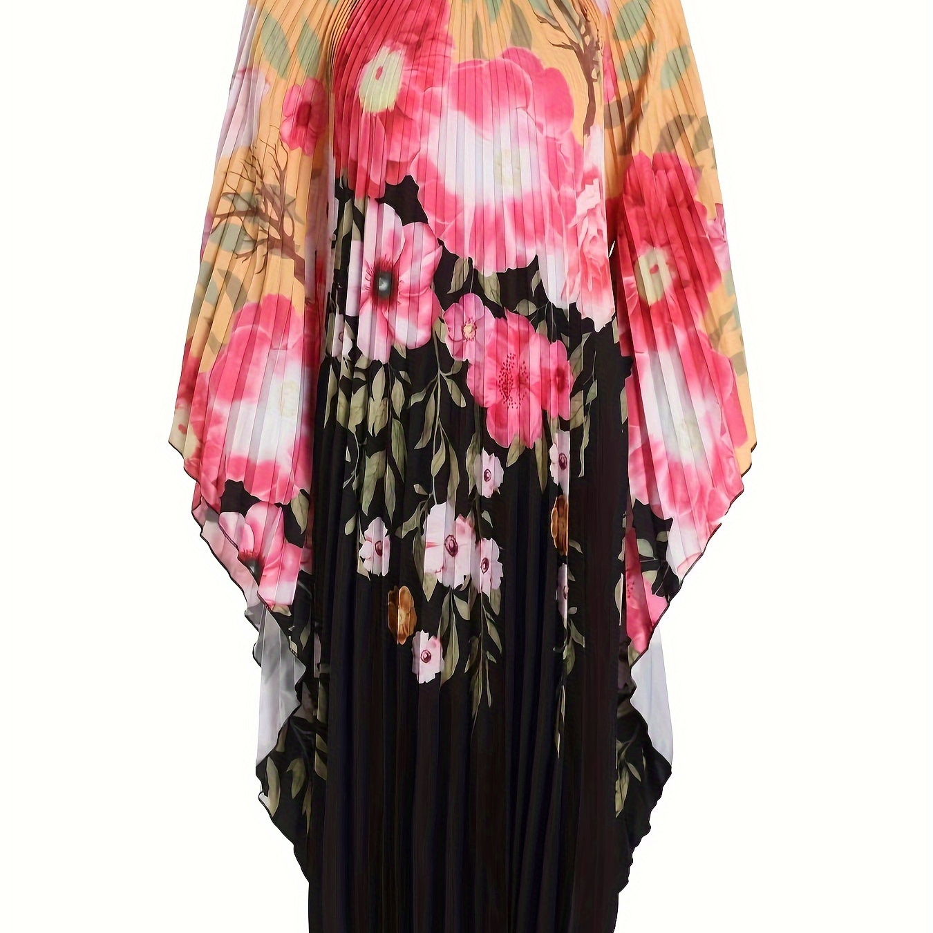 

Plus Size Floral Pattern Pleated Dress, Vacation Style Batwing Sleeve Crew Neck Dress For Spring & Summer, Women's Plus Size Clothing