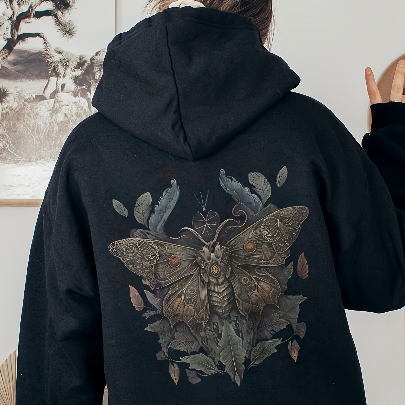 

Women's Moth Print Hoodie - Long Sleeve, Drawstring, Polyester , Machine Washable