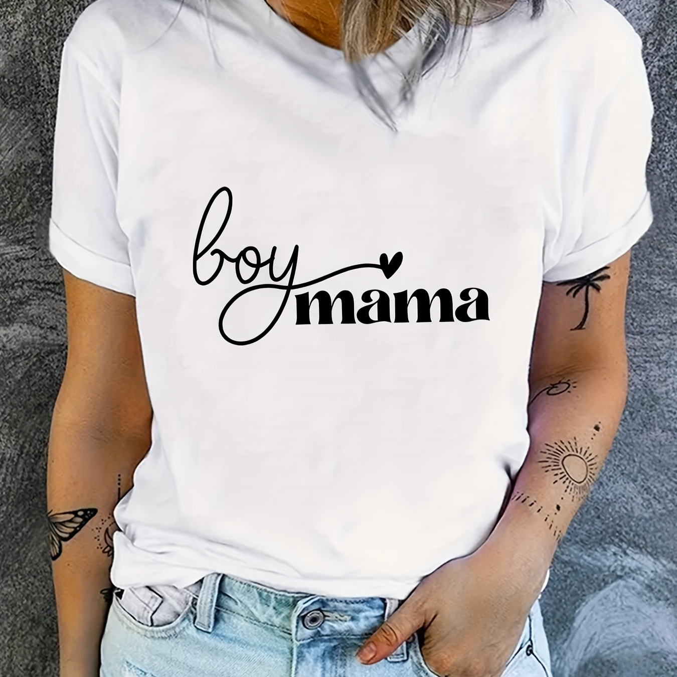 

Boy Mama Print Crew Neck T-shirt, Casual Short Sleeve Top For Summer & Spring, Women's Clothing