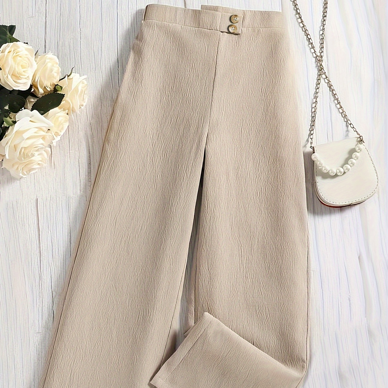 

Solid Color Stylish Waist Wide Leg Pants, Casual & Versatile High Waist Pants For Daily Wear, Women's Clothing