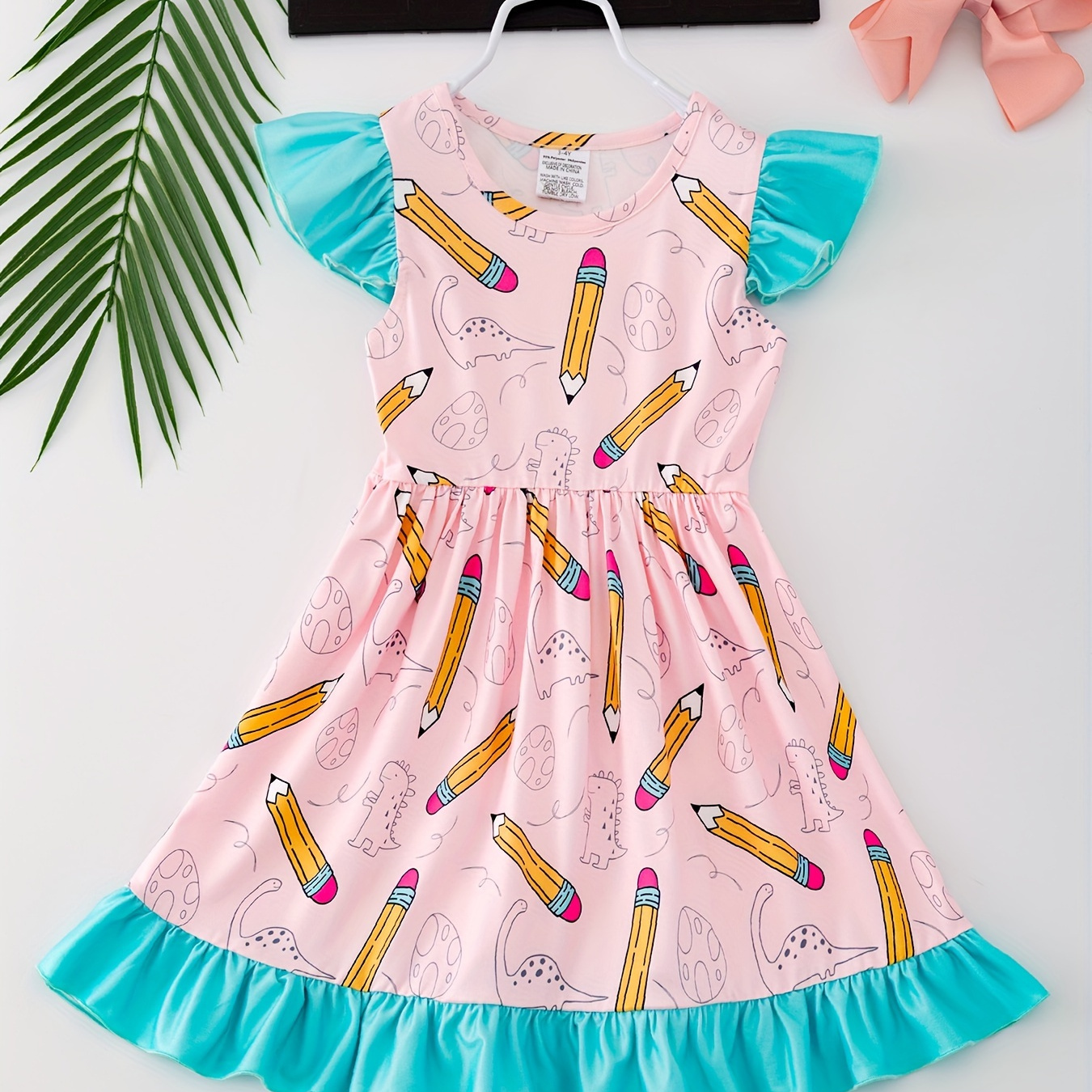 

Back-school Girls Ruffle Splicing Dress, Pencil & Dinosaur Print Vacation Casual Dresses, Summer Gift